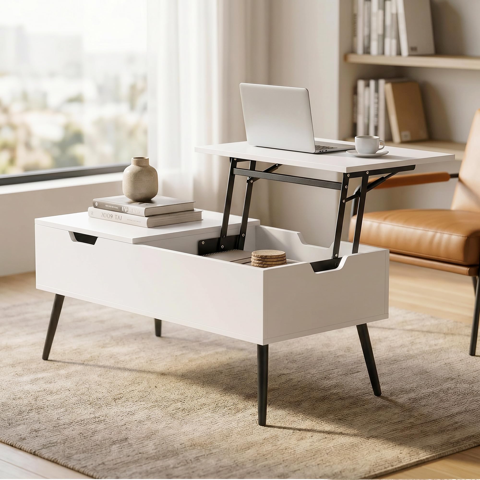 HOMCOM Tavolino da Caffè Sollevabile Salotto 100x50x43.6-58 cm Bianco | Doppio Piano, Vano Nascosto, Gambe in Metallo, Soggiorno Casa Ufficio