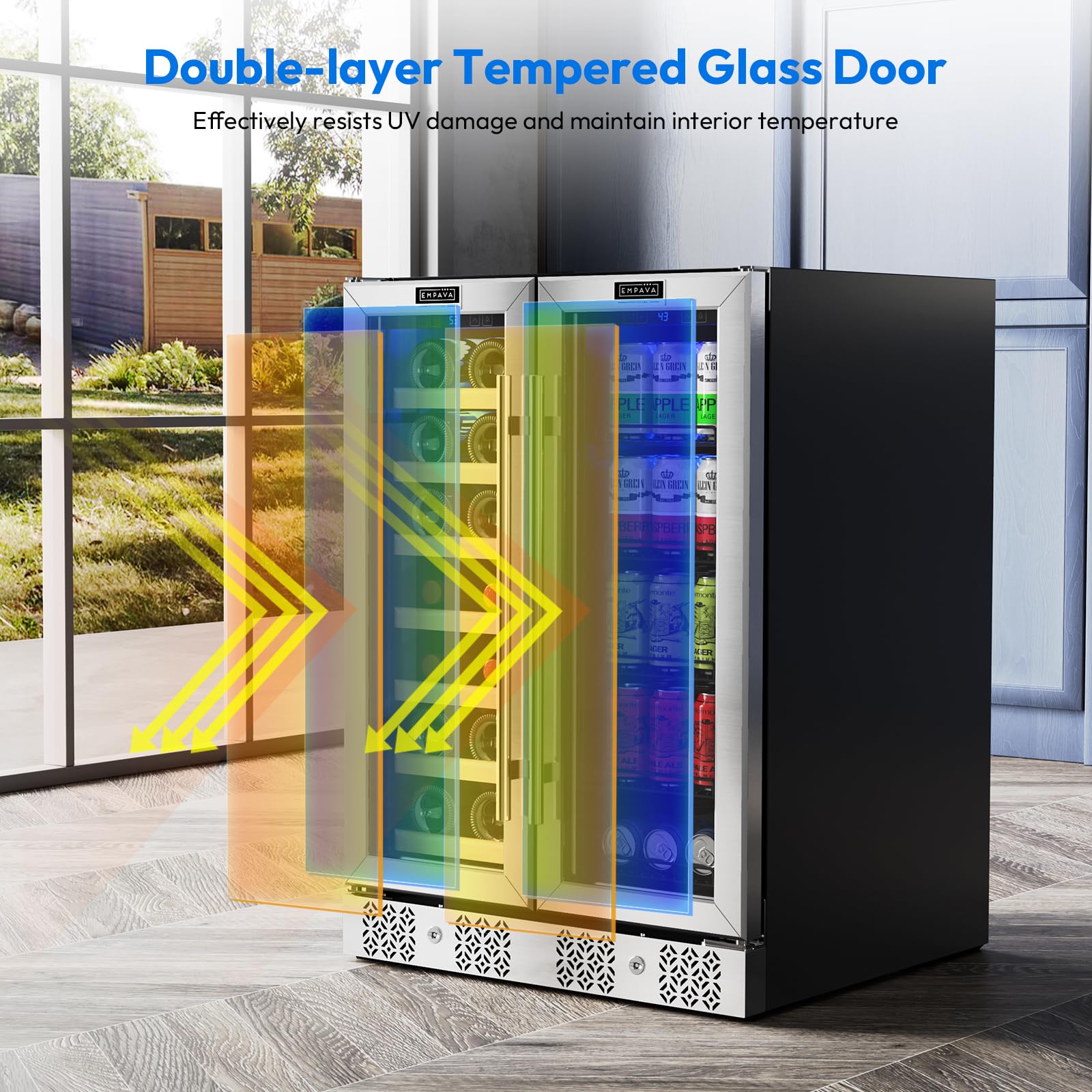 Empava 24" Dual Zone Wine And Beverage Refrigerator Cooler, Freestanding Or Under Counter Fridge Chiller With LED Light, 78 Cans And 20 Bottles Capacity, Touch Control, Stainless Steel on Fridge.com - View 5