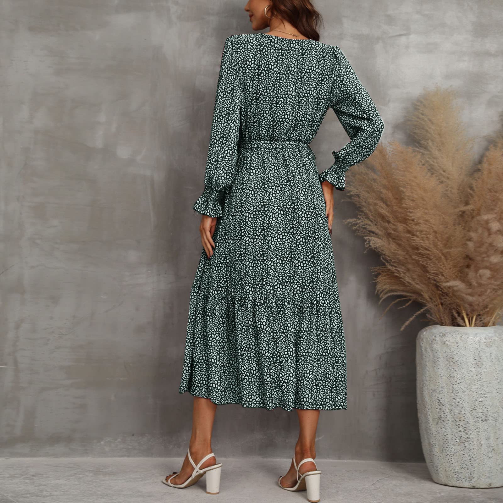 2026 Boho Femme Imprimé Floral Manches Longues Wrap Col V Ceinture Plissée A Line Flowy Dress
