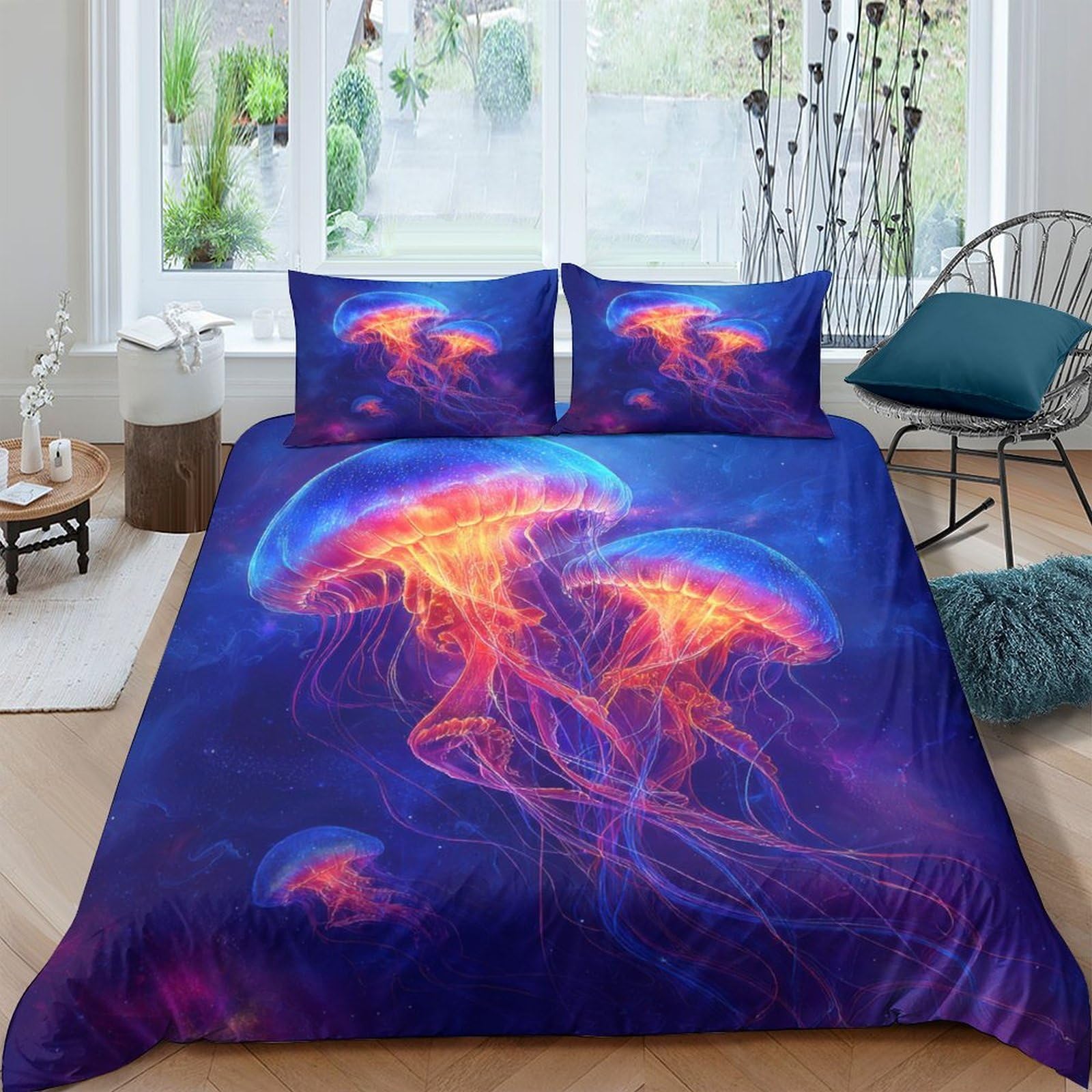 Ctjqhvkz Style-8 3D Printed Glowing Jellyfish Fitted Sheet Microfiber Soft Blue Purple Ocean Bed Cover Anti-Slip Machine Washable Decor Single（135X200cm）