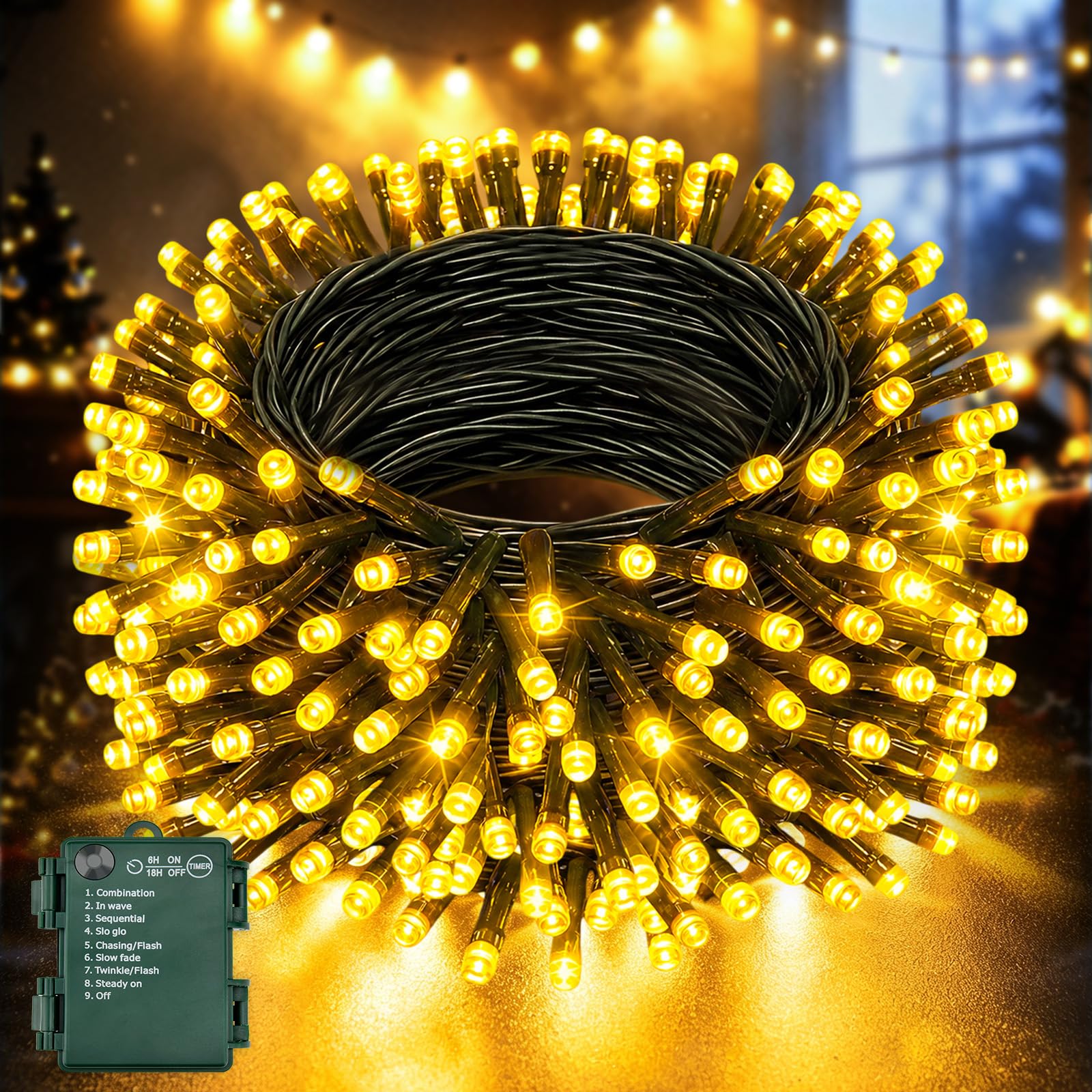 Qimutify Christmas Fairy Lights, 20M 200 LED Warm White Battery Lights with 6h Timer, IP65 Waterproof for Indoor Outdoor Christmas Wedding Party Decor