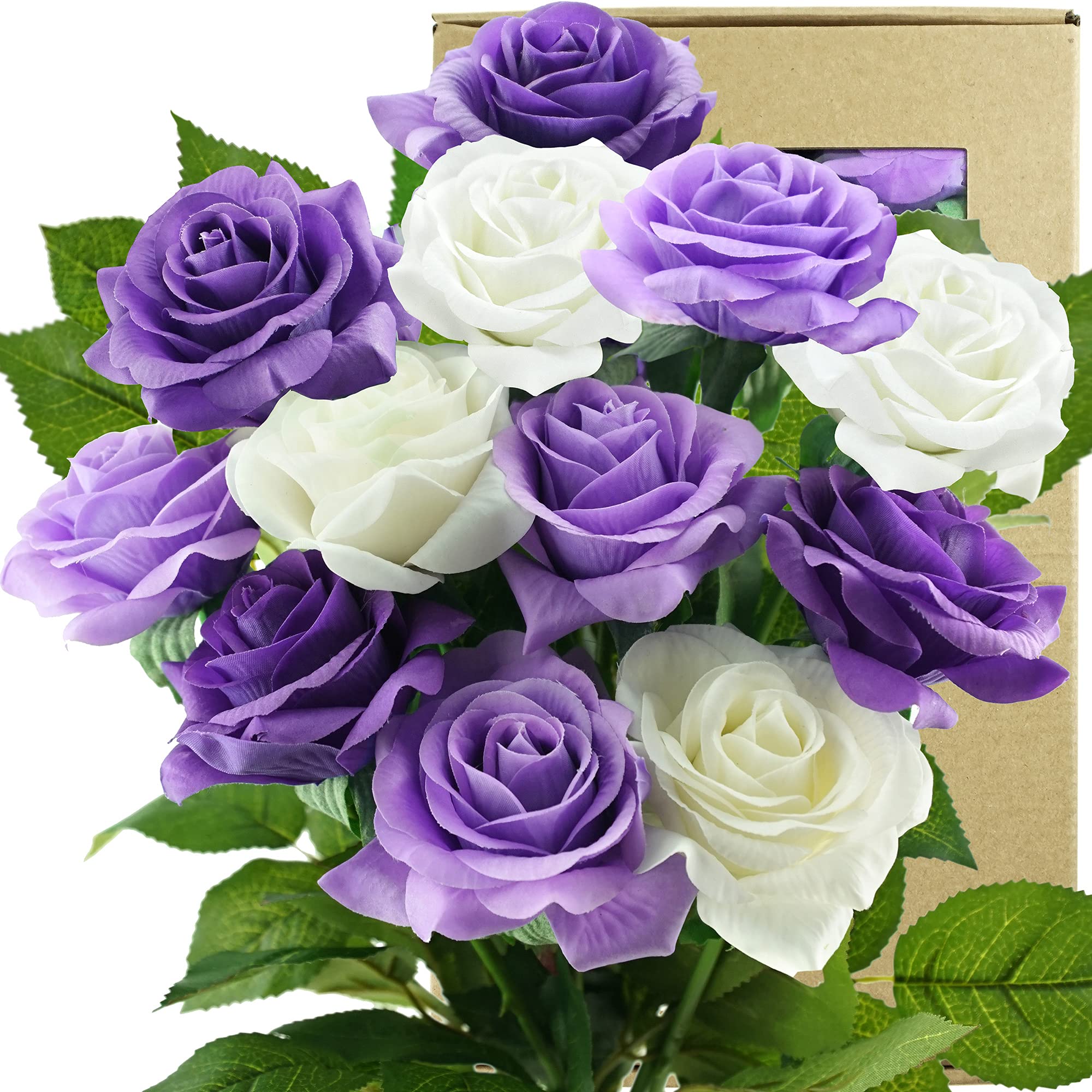 Fiveseasonstuff Light Purple|White Real Touch Silk Roses - 12 Stems, 'Petals Feel And Look Like Fresh Roses', Bouquet Of Flowers (Light Purple | White)