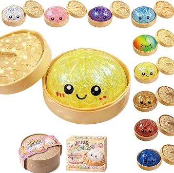 Dumplings Squishy, Glitter Dumpling Squishy, Squishiest Bun Dumplings with Steamer Box, Stress & Anxiety Relief Toys for Kids & Adults Non-Edible Yellow