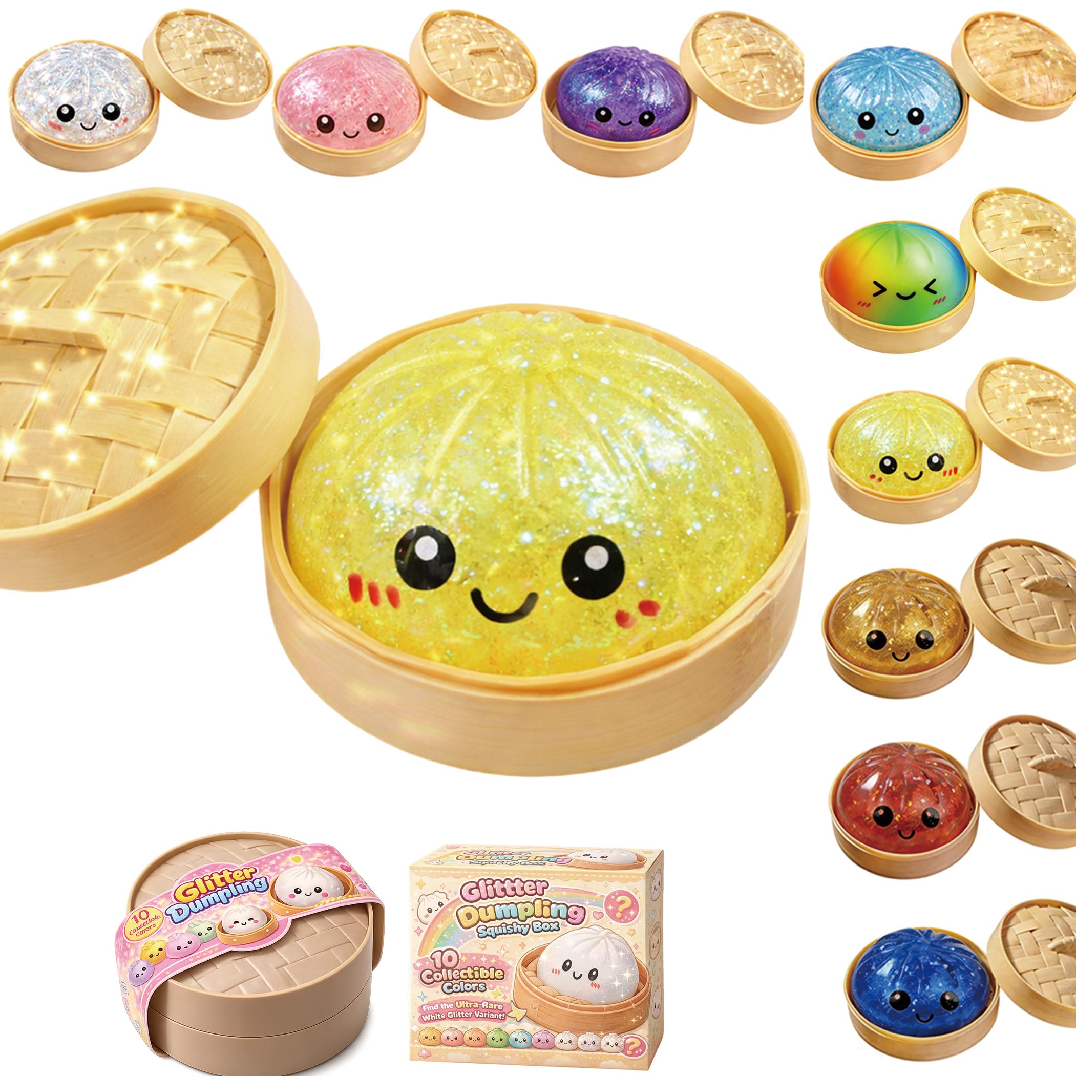 Dumplings Squishy, 2026 Glitter Dumpling Squishy, Squishiest Bun Dumplings with Steamer Box, Stress & Anxiety Relief Toys for Kids & Adults Non-Edible (Yellow)