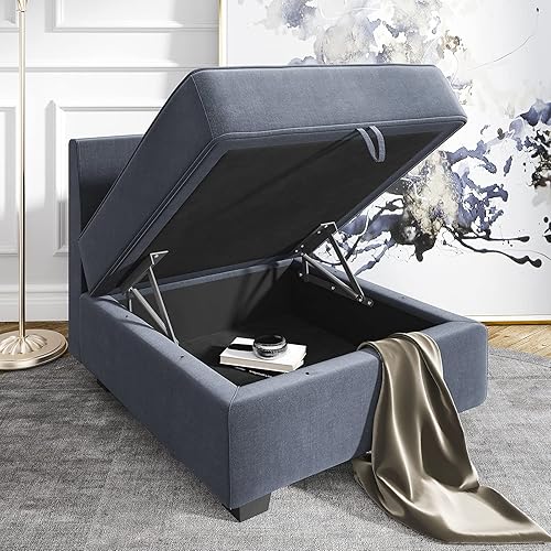 Miniatura 2 de HONBAY Módulo otomano cuadrado para sofá modular seccional, reposapiés otomano de almacenamiento y cubo de asiento, gris azulado