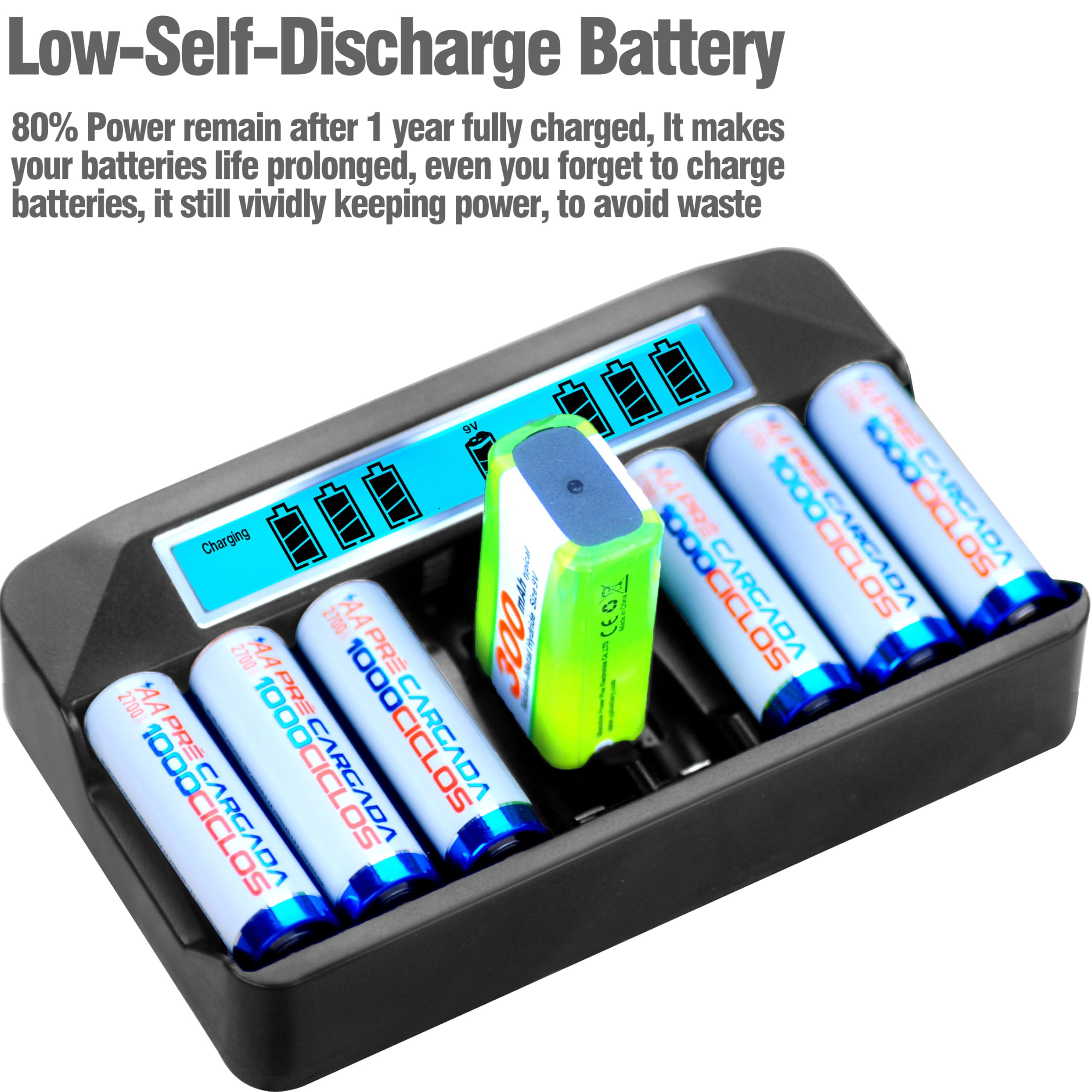 Chargeur de batterie AA AAA 9 V NiMH, 9 emplacements, chargeur rapide indépendant de 500 mA, charge par impulsion de 500 mA, écran LCD large, entrée USB-C 5 V (1 chargeur + 4 AA + 4 AAA + 1 x 9 V)