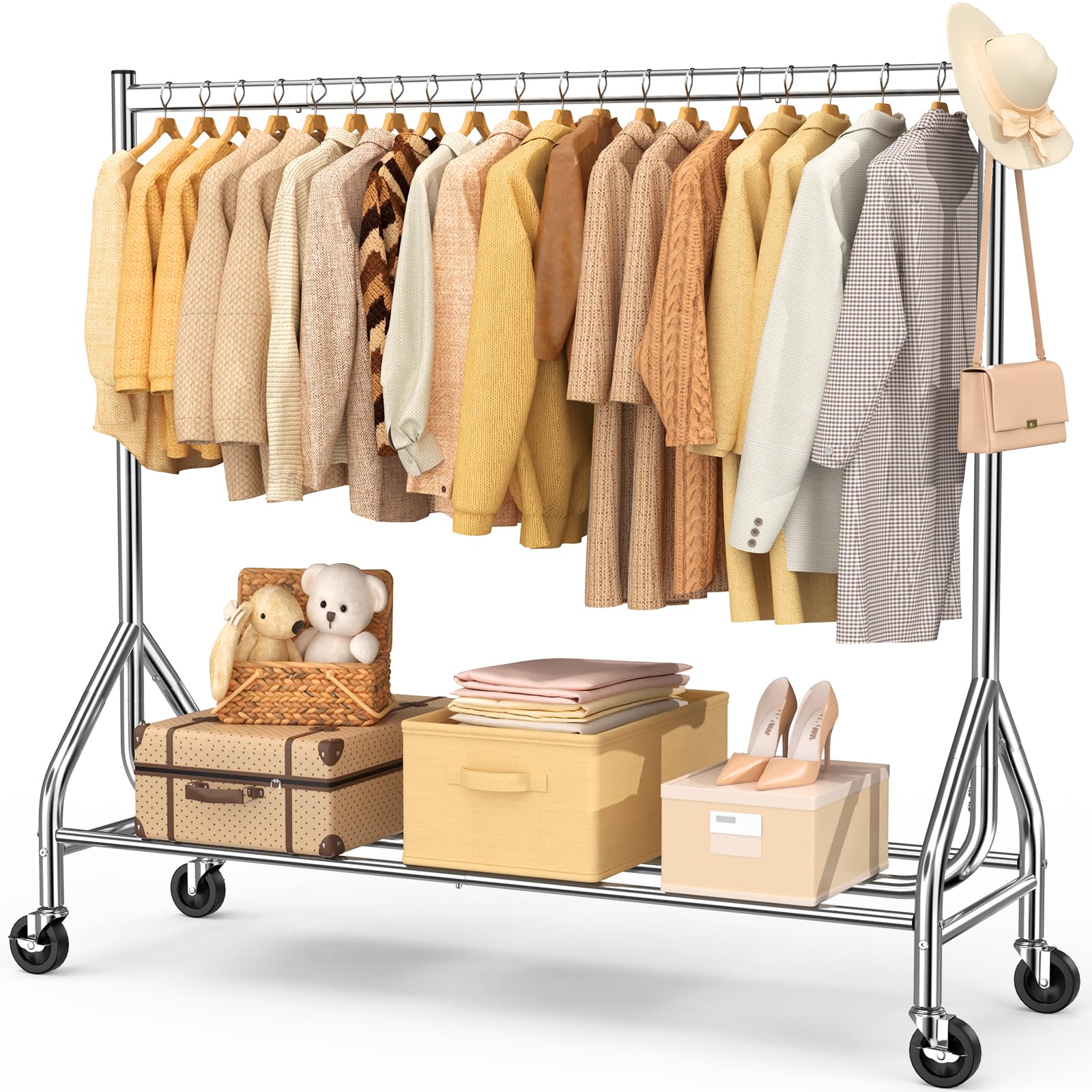 EAGMAK Heavy Duty Clothes Rack Load 420 LBS, Rolling Garment Rack with Lockable Wheels, Standing Metal Clothing Rack, Portable Wardrobe Sturdy Coat Rack for Hanging Clothes (Silver, 59″×18.9″×63″)