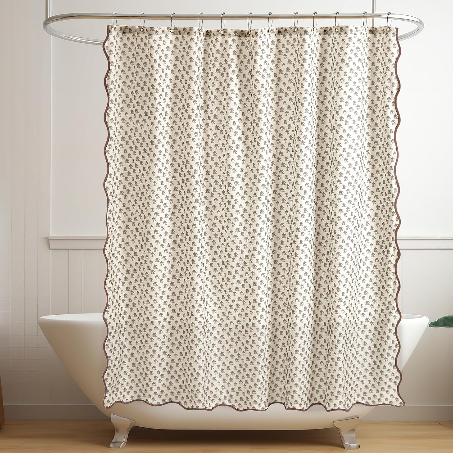 Mindsoft Begonia Toile Shower Curtain 72" x 72" Cotton Linen Brown and White Print Curved Edge Curtain with 12 Metal Hooks Waterproof Bath Decor for Kitchen 18th Century Style Bath Accessories
