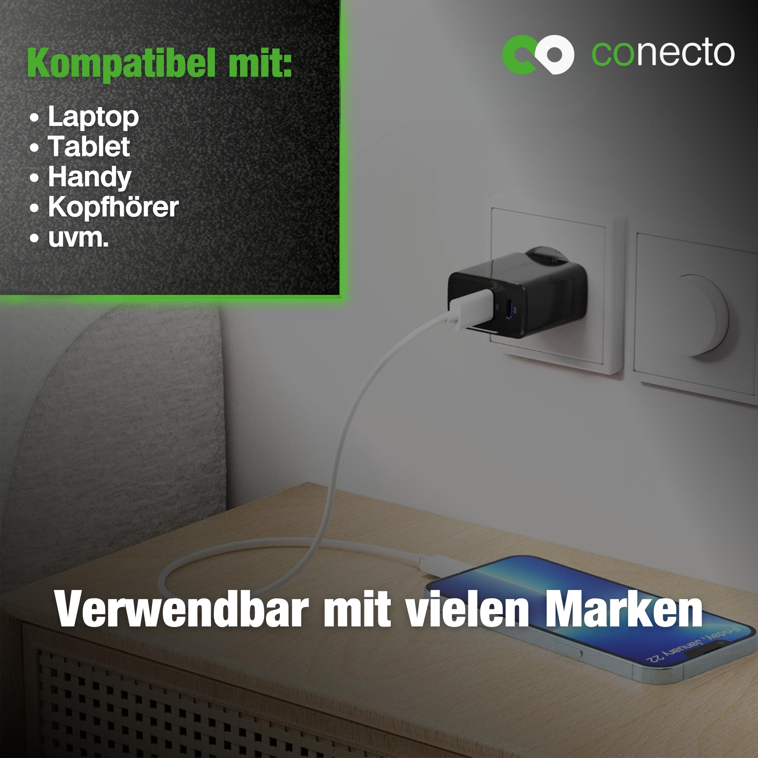 conecto Ładowarka USB C, 2-portowy adapter, zasilacz sieciowy 20 W, szybka ładowarka kompatybilna z Apple iPhone 15, Samsung, tabletem, laptopem UVM, ładowarką PD QC, czarna