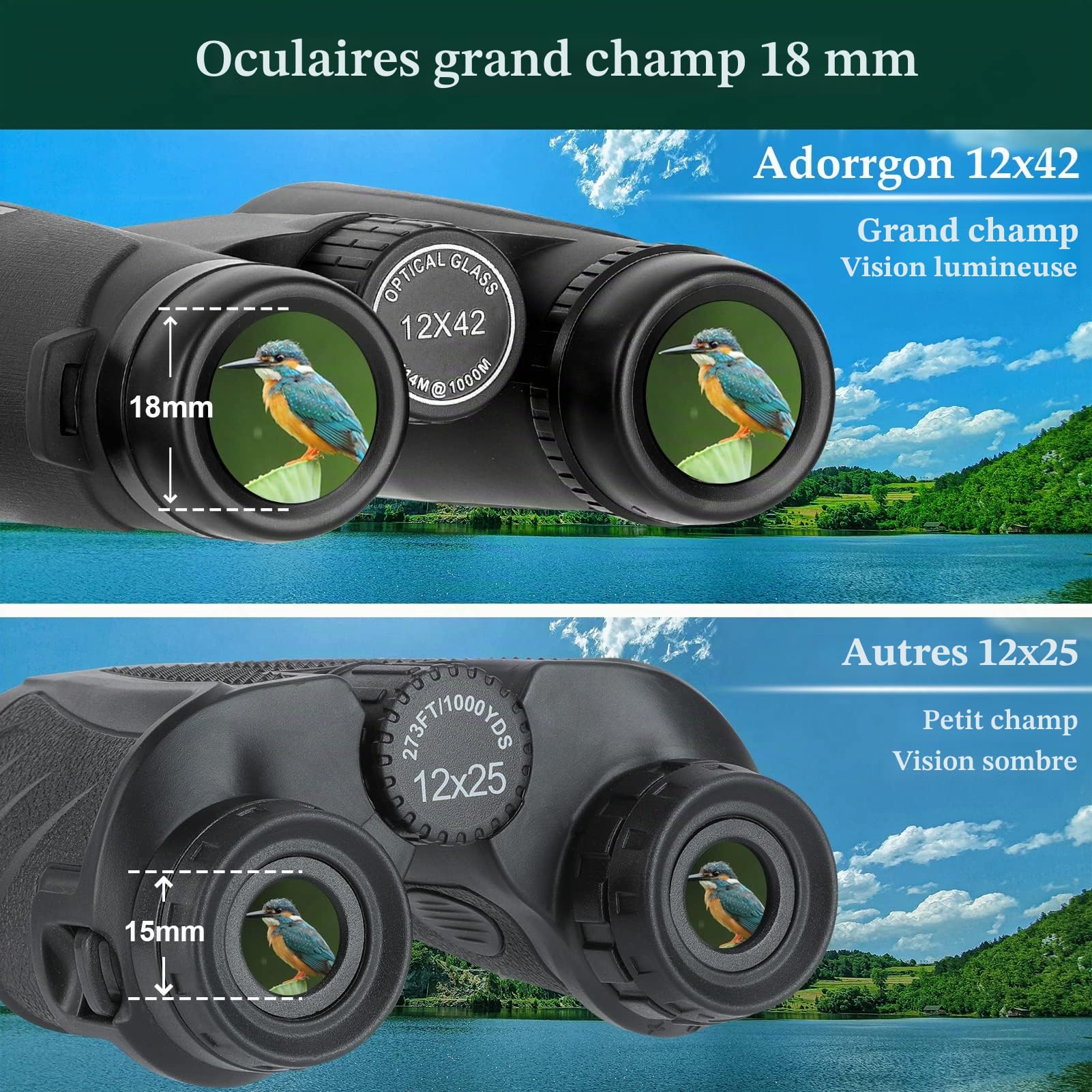 12 x 42 Jumelles compactes pour Adultes avec HD Vision Clair et Faible lumière Vision – Adorrgon Haute Puissance et Portable Jumelles pour Observation des Oiseaux de Chasse Scenery Concerts Sports