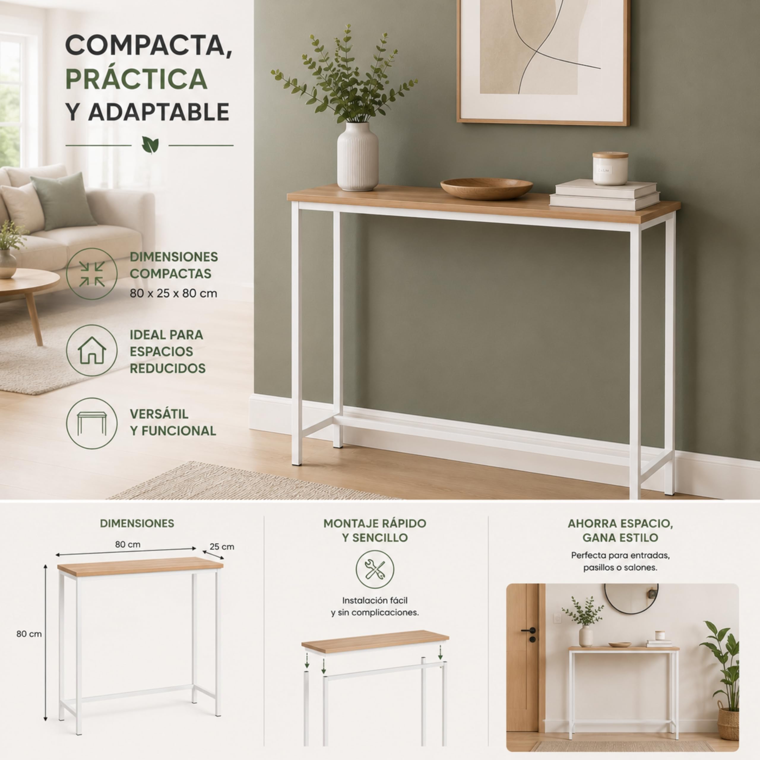 Mueble Entrada, Ideal para Recibidores de Entrada, Mueble Recibidor con diseño Moderno, Color Blanco con Roble Sonoma, 80 x 25 x 80 cm. EON