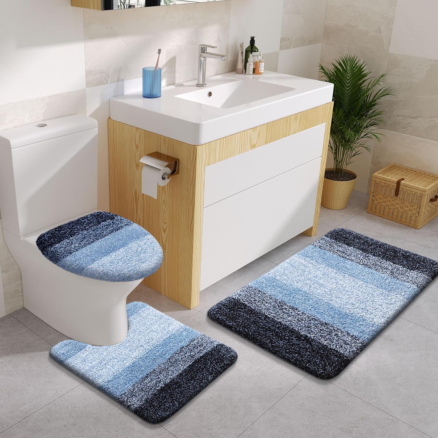 Arotive Microfiber Bathroom Rugs 3 Piece with Toilet Lid Cover, Shaggy Soft and Absorbent Bath Rug, Non-Slip, Machine Washable Bath Mats for Bathroom（24x16+24x20+17.5x15, Blue