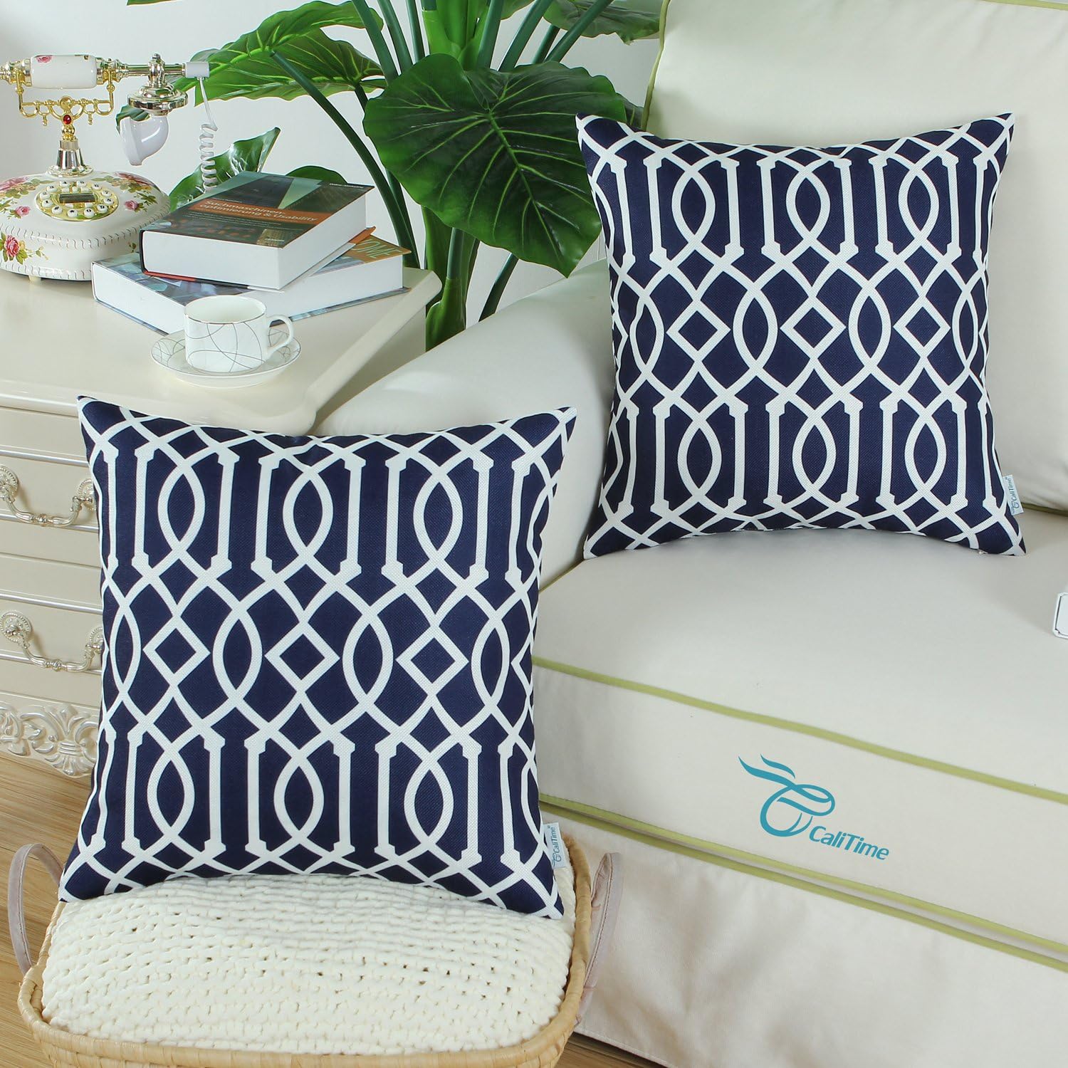 CaliTime Pack of 2 Canvas Throw Pillow Covers Cases for Couch Sofa Home Decoration Modern Geometric Figure Chain Both Sides 18 X 18 Inches Navy Blue