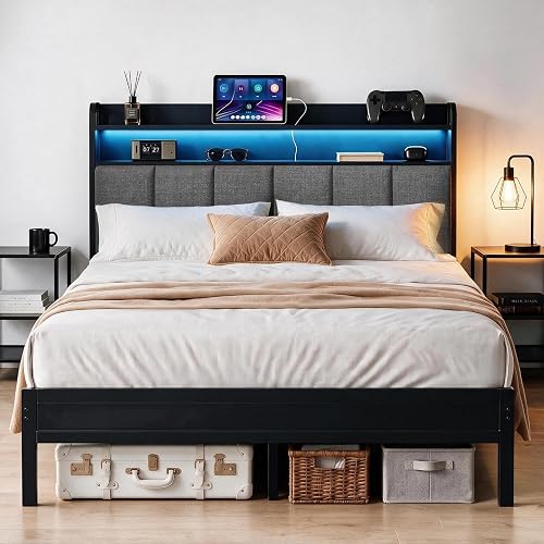 Z-hom Twin Bed Frames, Upholstered Upgraded Metal Bed Frame&LED Lights
