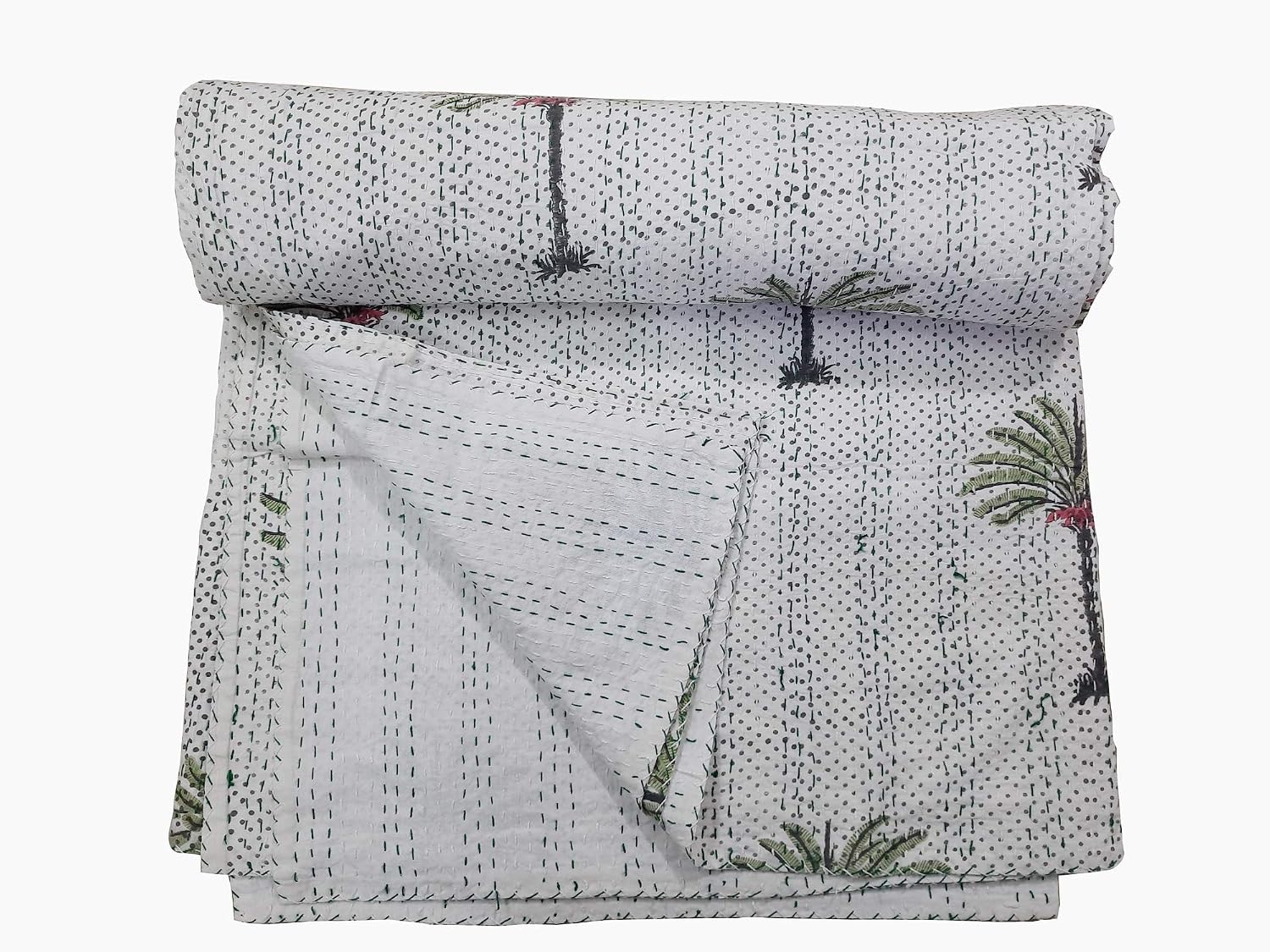 Hand Made Palm Tree Dot Cotton Indian Kantha Quilted Kantha Quilt Bed Spread Blanket Throw Indian Queen Size White Base Size 90” X 108”