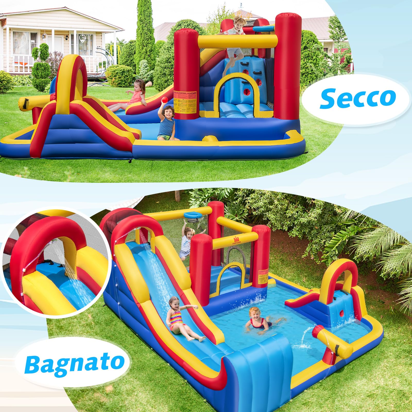 COSTWAY Castello Gonfiabile per Bambini, Parco Acquatico Gigante con Doppi Scivoli d'Acqua, 2 Piscine, Area Salto, Canestro e Parete da Arrampicata, 450 x 392 x 216 cm