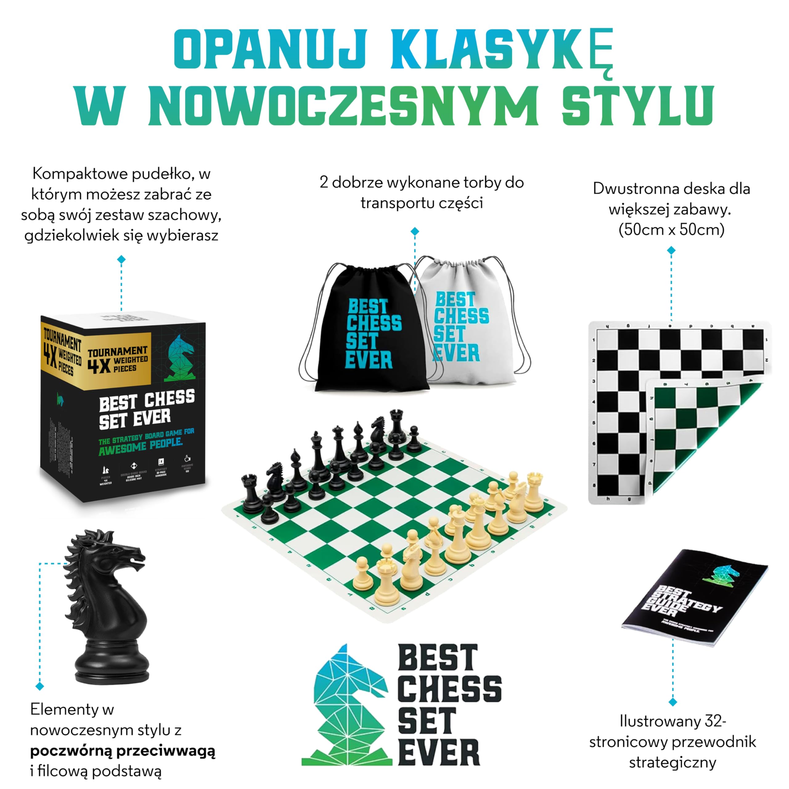 Najlepszy Zestaw Szachowy 4X Turniejowy Nowoczesny Zestaw Szachowy z Uciężonymi Figurkami Staunton, 20x20 Podwójno-Stronna Silikonowa Deska, Przewodnik Strategiczny i Torby do Przechowywania dla