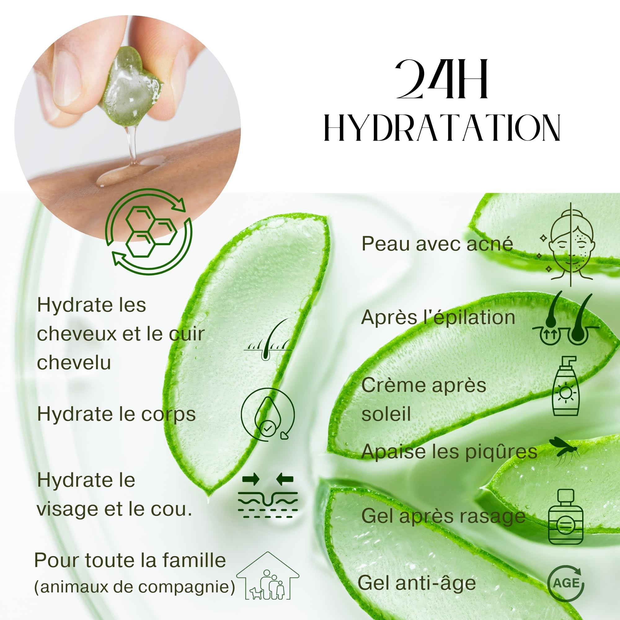 KEFUS Aloe Vera gel pur naturel 500 ml. Absorption immédiate et agréable texture non grasse. Nourrit, hydrate, rafraîchit et soigne la peau. Après-soleil. Afersun