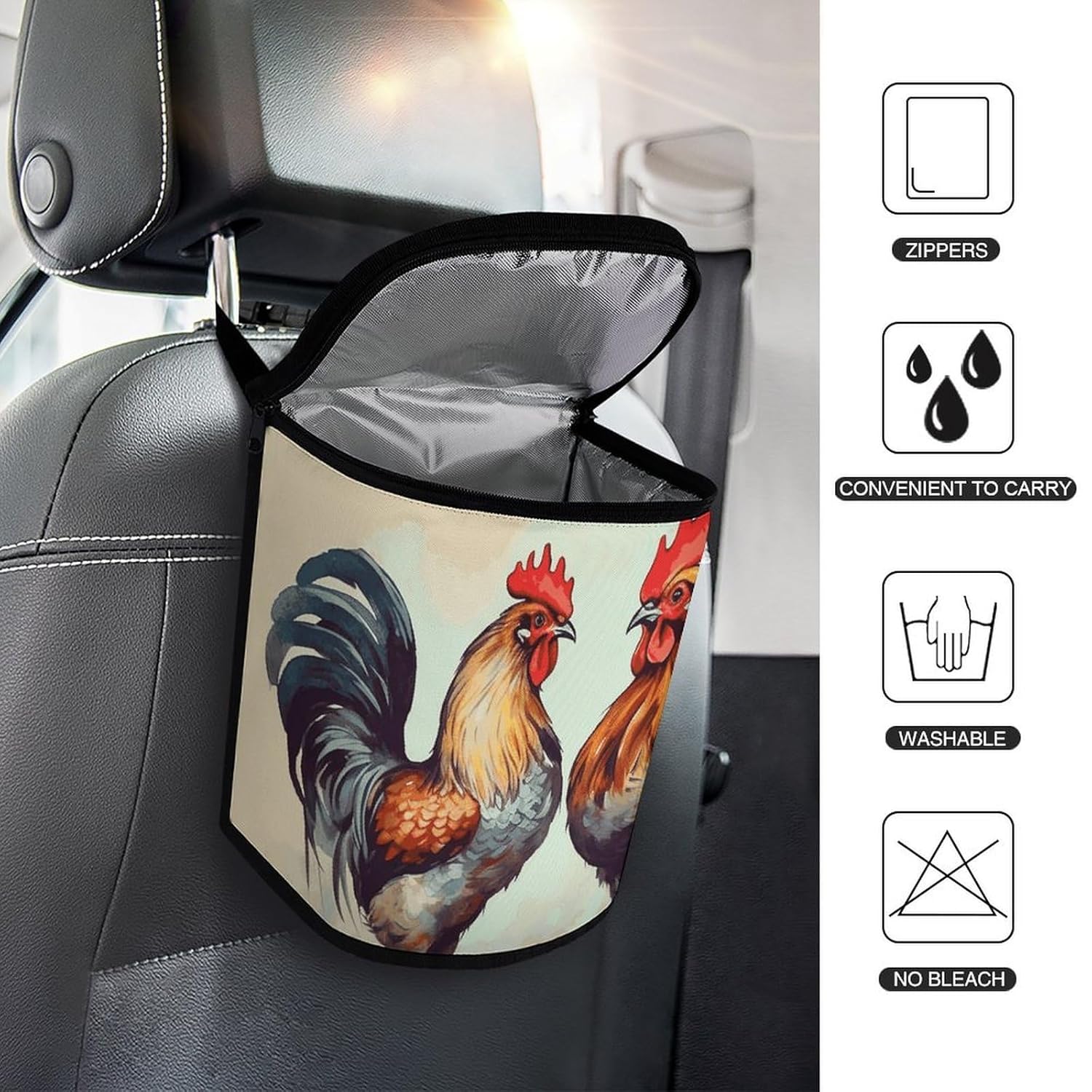 MUSM Leakproof Car Trash Can 2.5 Gallon, Durable Automotive Garbage Bag with Waterproof Liner, Rooster and Hen Trash Bag for Car, Truck, RV & Bathroom