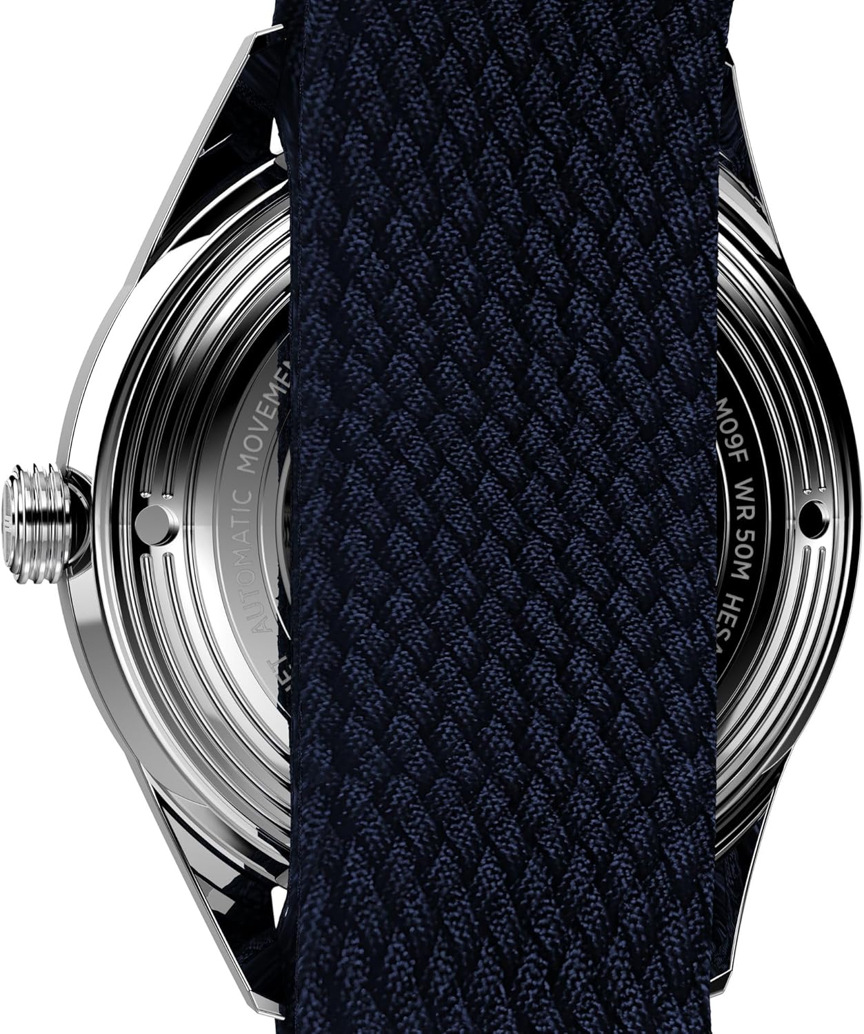 Close-up of the Timex Marlin Jet Automatic watch case back, showing 'AUTOMATIC MOVEMENT' and 'WR 50M' engravings.
