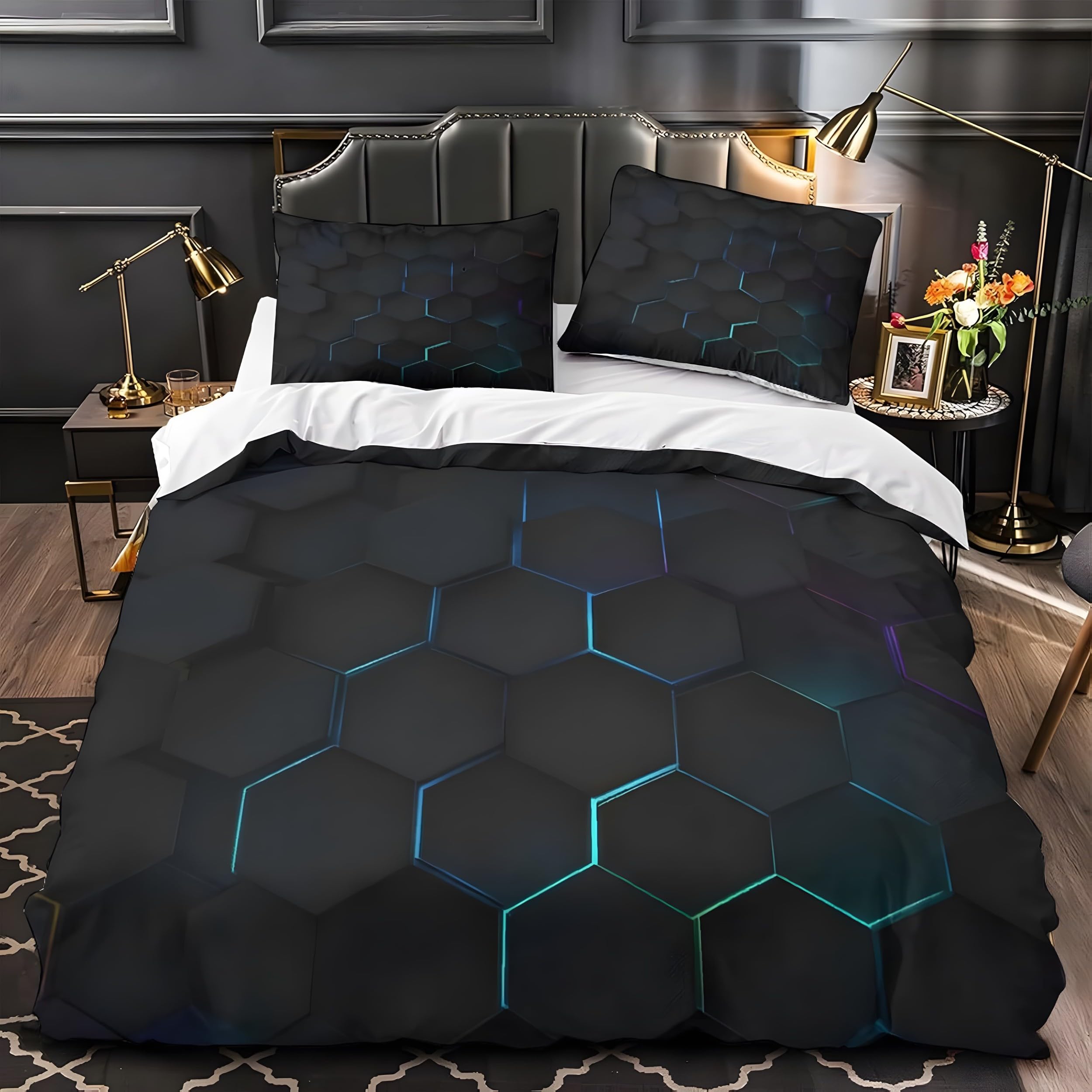 YZQGLHP Honeycomb Pattern Small Double Duvet Cover 170×200cm Teal Soft Single Bedding Microfibre Lightweight Quilt Cover with Zipper and 2 Pillowcases 50x75cm