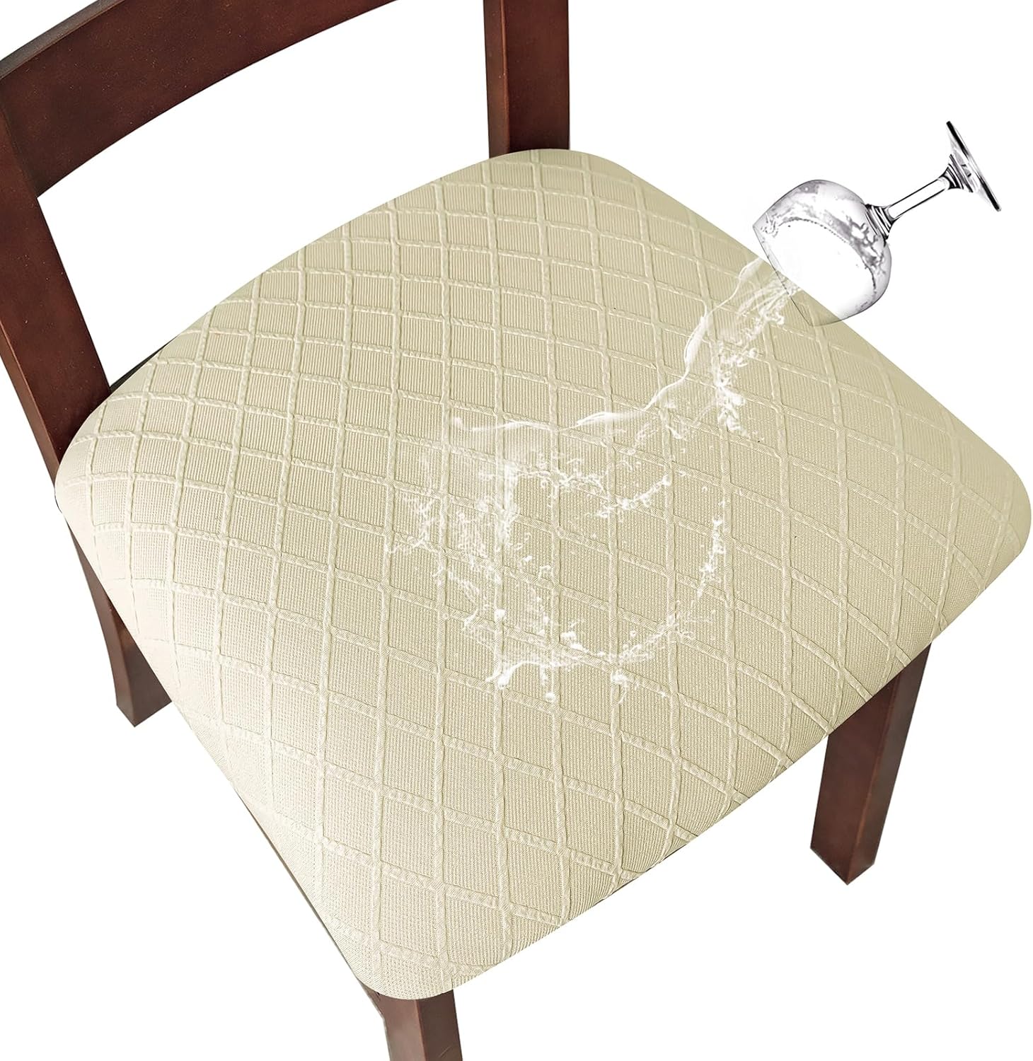 Beige Waterproof Jacquard Dining Chair Covers, Set of 6