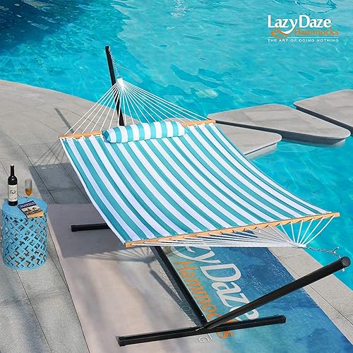 Miniatura 2 de Lazy Daze Hammocks Hamaca doble de tela acolchada de 12 pies con barras separadoras y almohada desmontable, hamaca para 2 personas para patio al