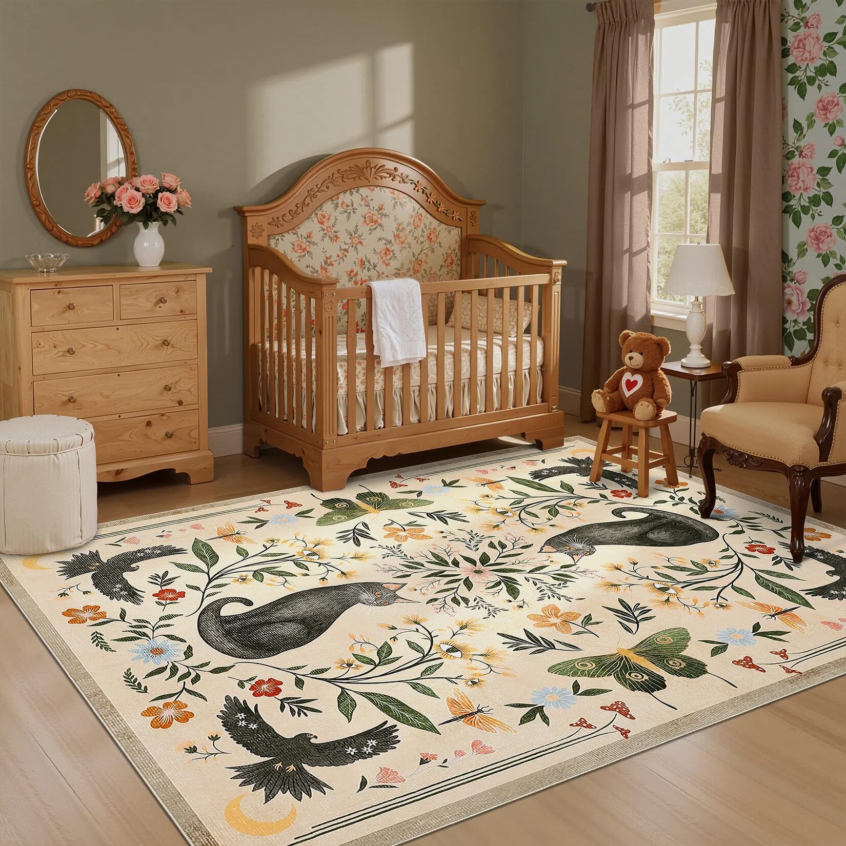 FairyStyle 80x150 cm Cat Area Rug, Animal Print Washable Rugs for Living Room, Low Pile Non Slip Floor Mat Soft Floral Throw Rug Indoor Carpet for Bedroom Dorm Playroom Gothic Decor, Camel