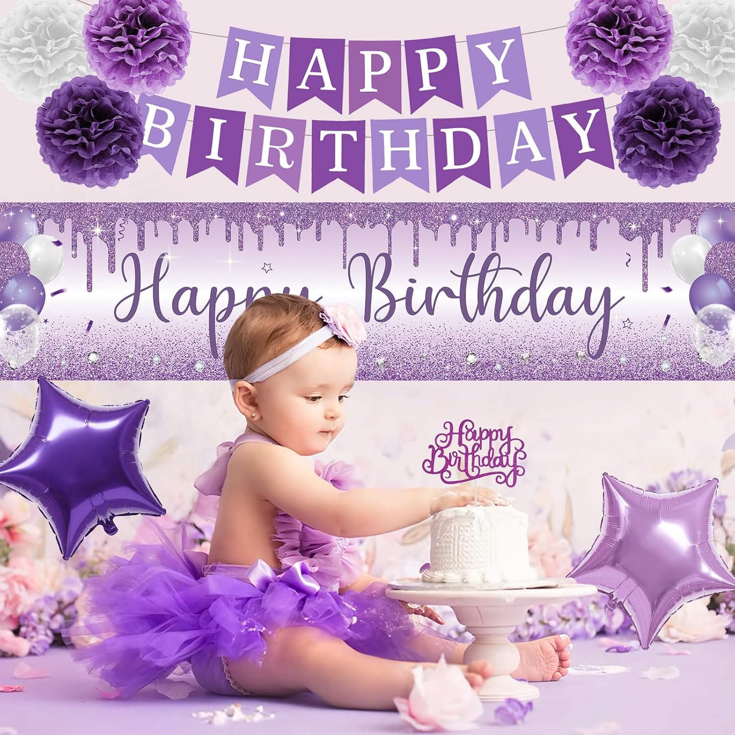 パープルとホワイトのバースデーデコレーション レディース ガールズ ラベンダー パーティーデコレーションセット Happy Birt