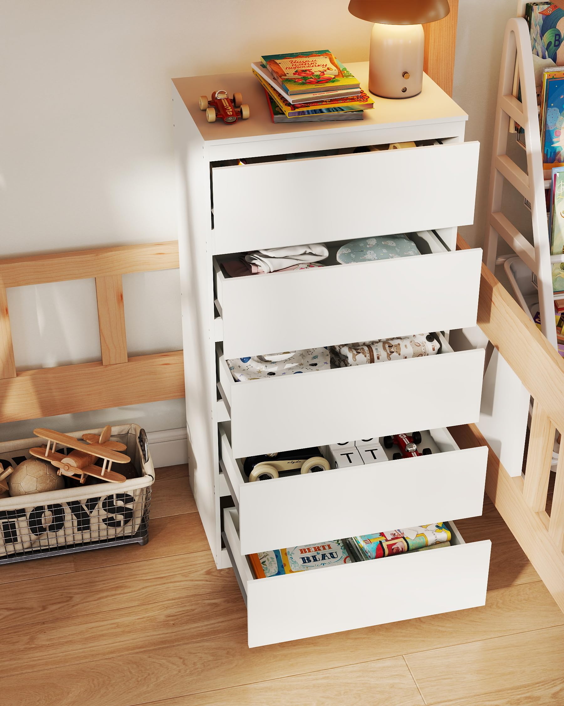 Cómoda blanca con 5 cajones, diseño sencillo, mucho espacio de almacenamiento para salón, dormitorio y estudio