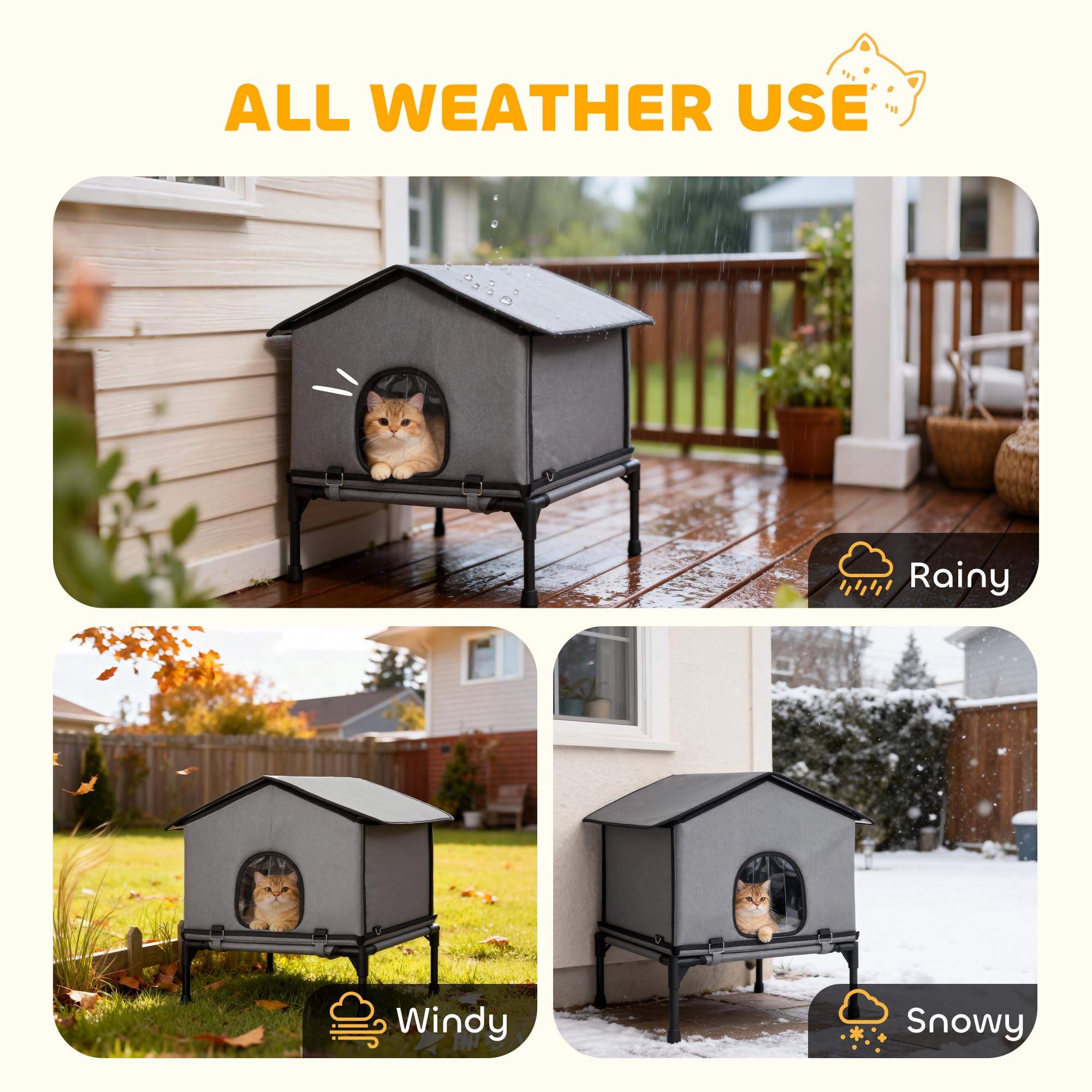PawHut Casa Gato Exterior Impermeable aislada cojín para Gatitos Gris | Perrera gato, base elevada, refugio plegable para gato callejero, interior exterior