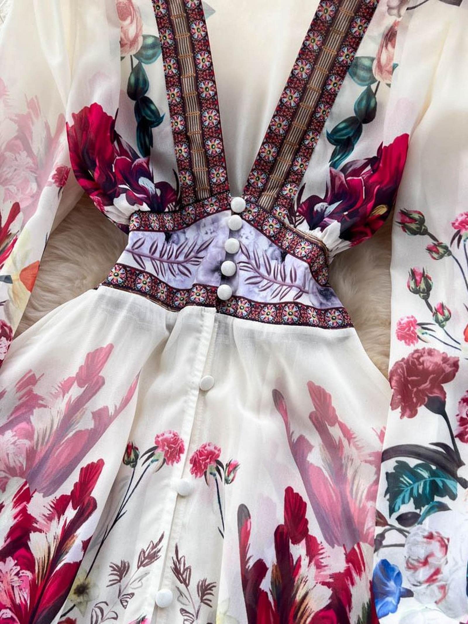 Vestito Donna Elegante Runway Gorgeous Flower Chiffon Cascading Ruffles Dress Women Deep V Neck Long Sleeve Floral Stampa Boho Robe Vestido-Beige,M