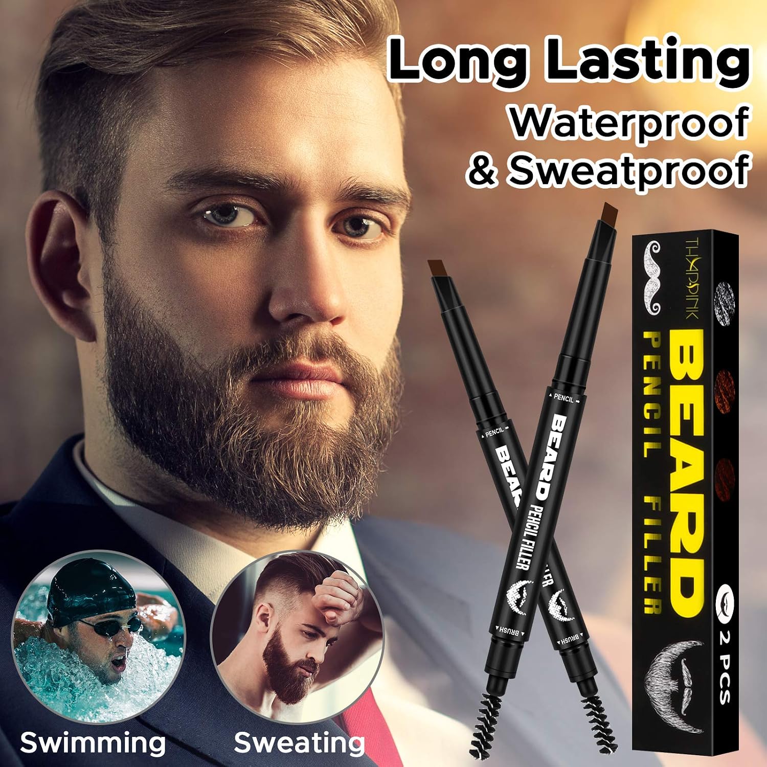 2 Pack Beard Filler Pencil for Men Beard Moustache Patchy Filler, Long Lasting Natural Finish Beard Pencil Filler (Dark Brown)