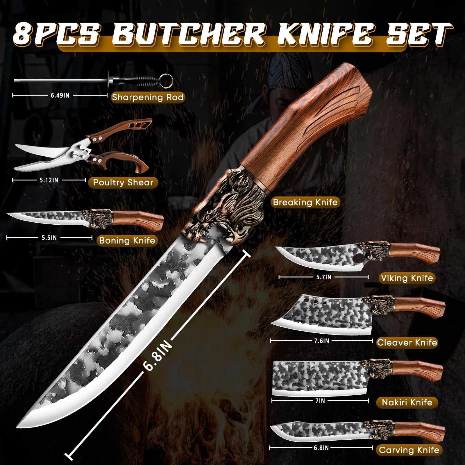 Purple Dragon 8 Pcs Japanese Chef Butcher Knife Set with Roll Bag — Amazon image 5