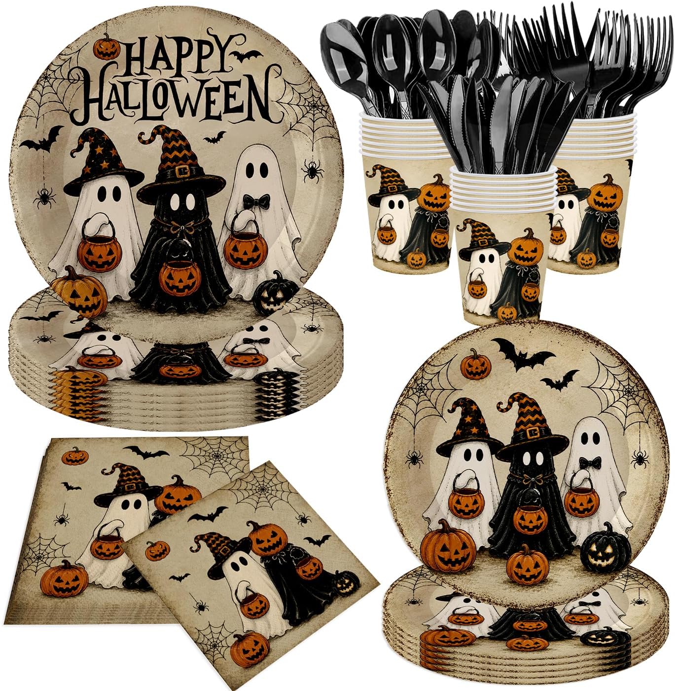 140Pcs Vintage Halloween Party Supplies Tableware Set Happy Halloween Plates and Napkins Cute Ghost Pumpkin Paper Plates Halloween Birthday Dinnerware, Serves 20 Guest