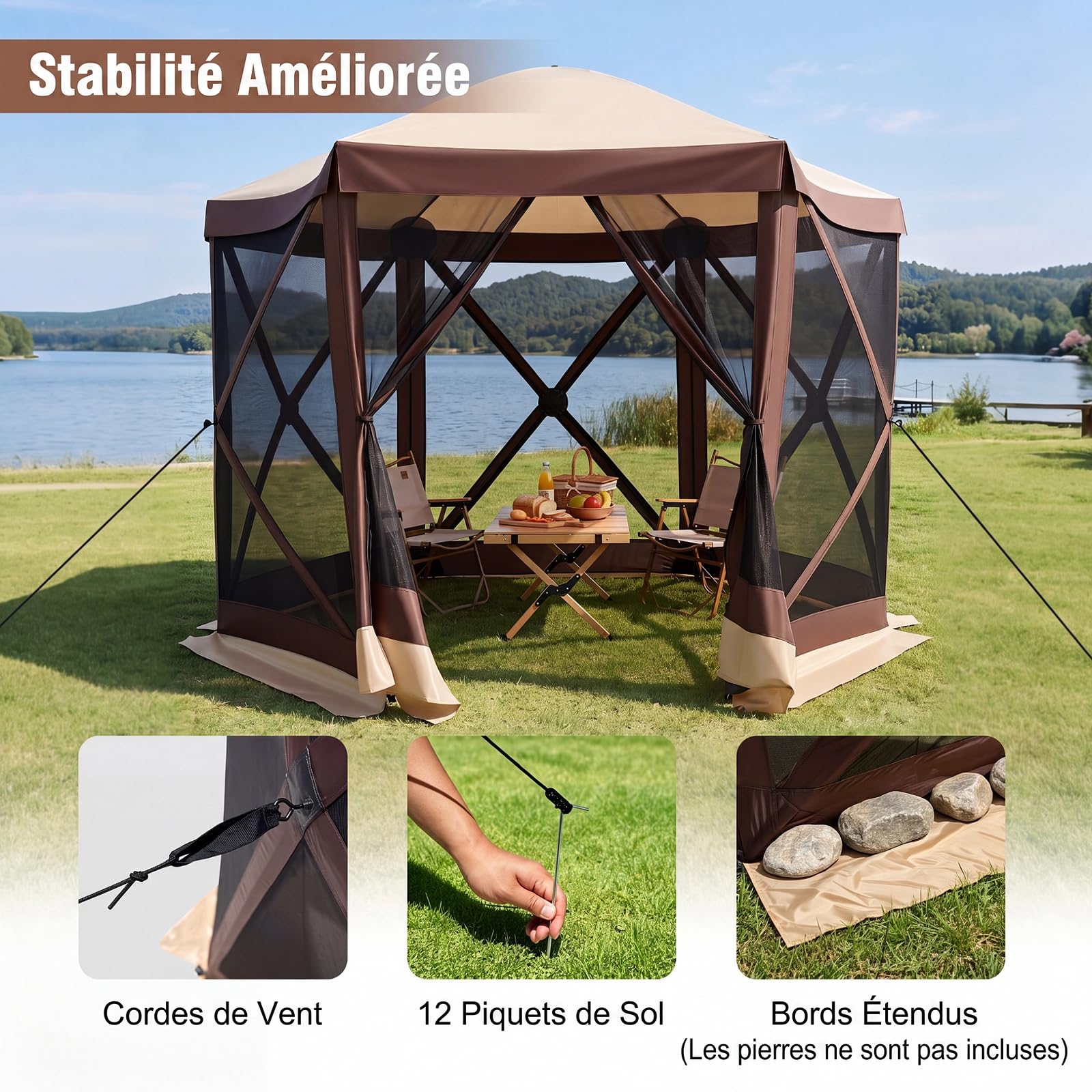 COSTWAY Tonnelle Pop-up avec Moustiquaire, Tente de Réception Pliante pour 4-6 Personnes, Barnum Gazebo de Jardin avec Toit Oxford, Abri Extérieur Hexagonale pour Camping Fête (295 x 295 x 220 cm)