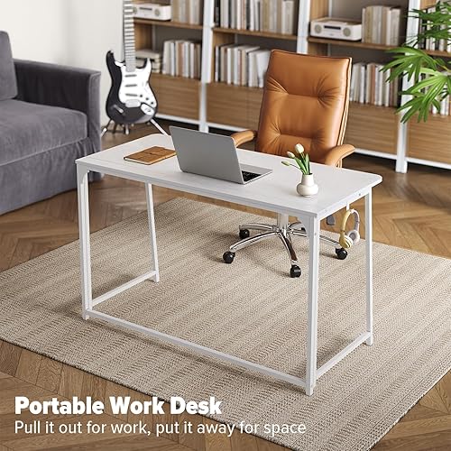 Miniatura 24 de WOHOMO Escritorio plegable de mármol sintético blanco, escritorio pequeño de 31.5 pulgadas para espacios pequeños con patas doradas, escritorio