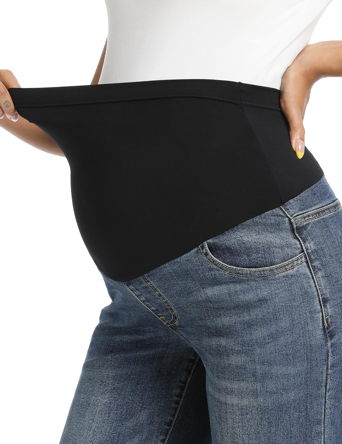 Foucome Women's Maternity Jeans Wide Leg Trendy Comfy Stretchy Straight Leg Pregnancy Denim Pants - Image 2