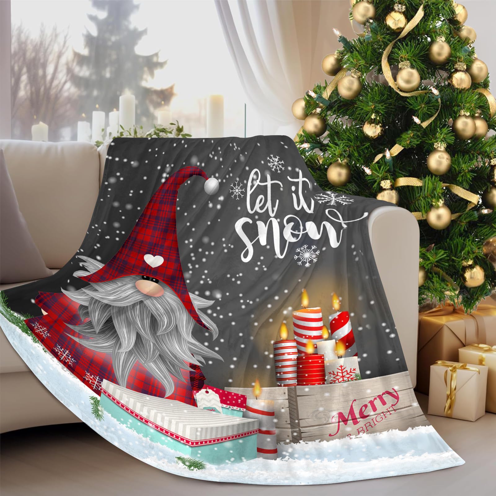 GOOESING Merry Christmas Throw Blanket Gnome Winter Snowflakes Xmas Gifts Soft and Warm Flannel Throw Blanket for Picnic Travel Fuzzy Cozy Blankets for Sofa Couch Bed 40" x 50"(101x127cm) - Image 4