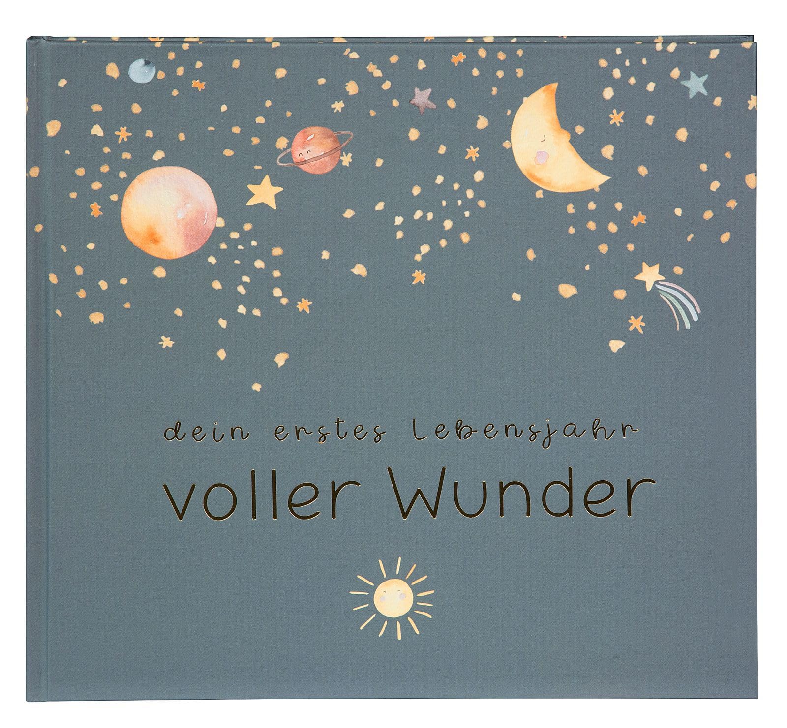 goldbuch 50 497 Babytagebuch Voller Wunder Weltraum Blau, Erinnerungsalbum mit 100 illustrierten Seiten, Einband mit Goldprägung und einem Nachthimmel als Motiv, Babyalbum ca. 24,5 x 22,5 x 3,5 cm