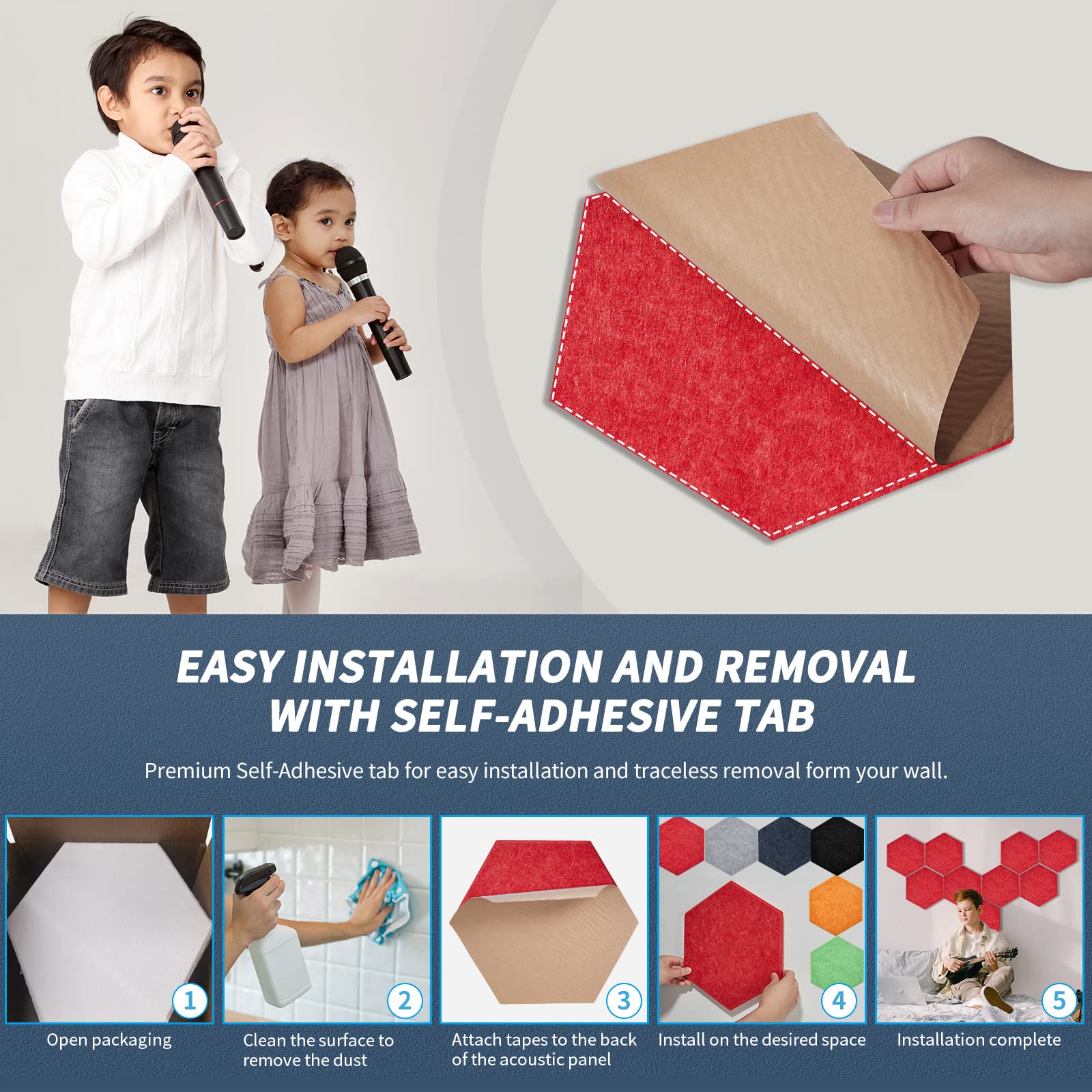 Hexagon Akustikplatten selbstklebend 12 Stück I Schallabsorber Schallschutz mit hoher Dichte für Wand Decken Holz & Tür - Akustikpanel Schallschutzplatten Akustikplatte, 30x26x0.9cm, Rot
