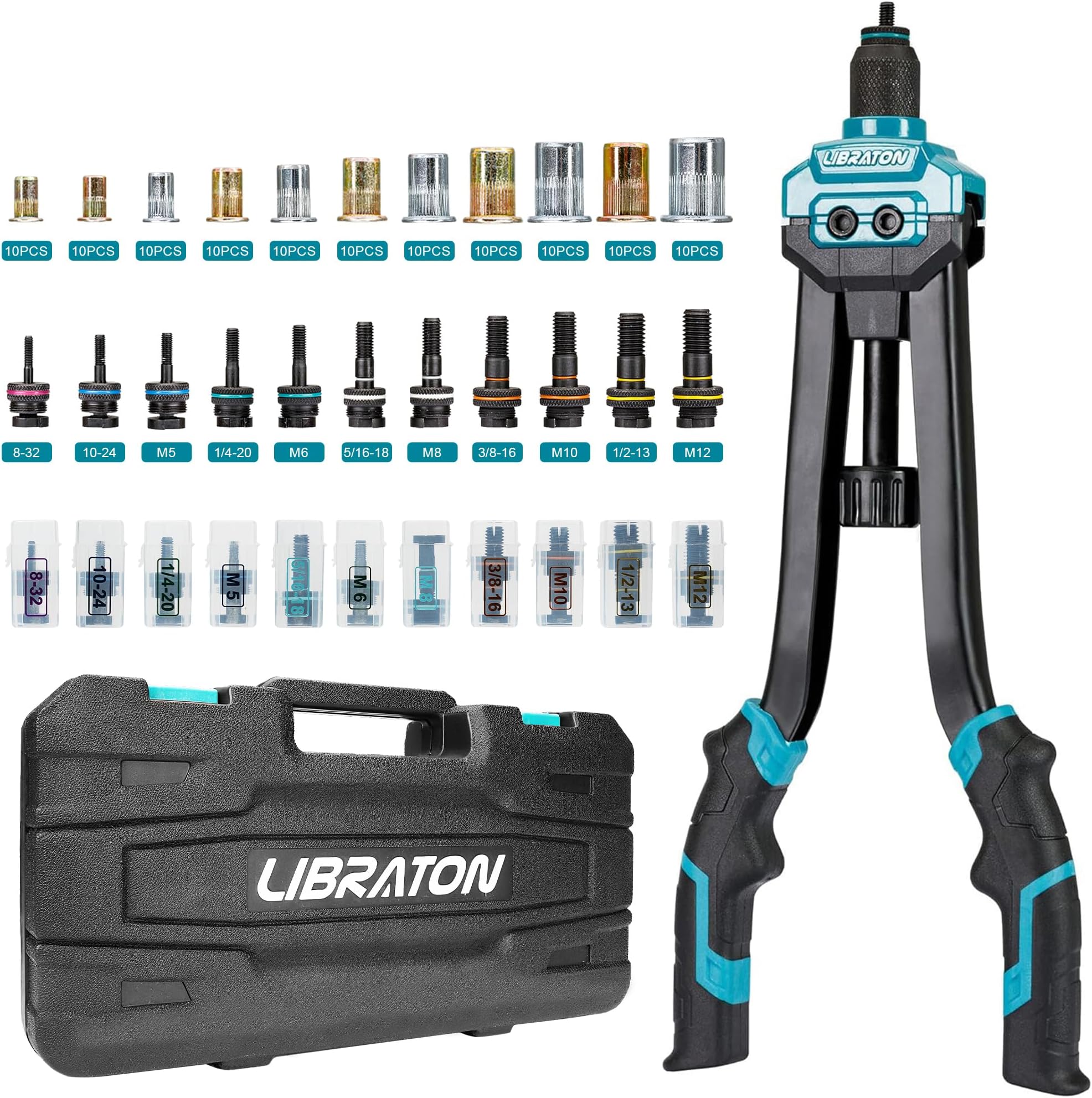 LIBRATON 16" Rivet Nut Tool, Rivet Nut Gun, Hand Rivet Nut Setter with 110PCS Rivet Nuts, 11PCS Metric & SAE Interchangeable Mandrels and Carrying Case, Easy Replace