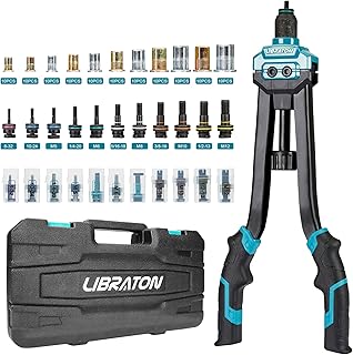 LIBRATON 16" Rivet Nut Tool, Rivet Nut Gun, Hand Rivet Nut Setter with 110PCS Rivet Nuts, 11PCS Metric & SAE Interchangeable Mandrels and Carrying Case, Easy Replace