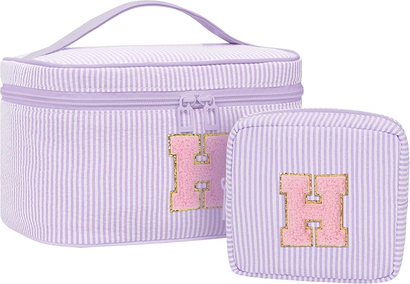 Necessaire de maquiagem MONSTINA com letra inicial J, roxa, em nylon seersucker, com 2 peças