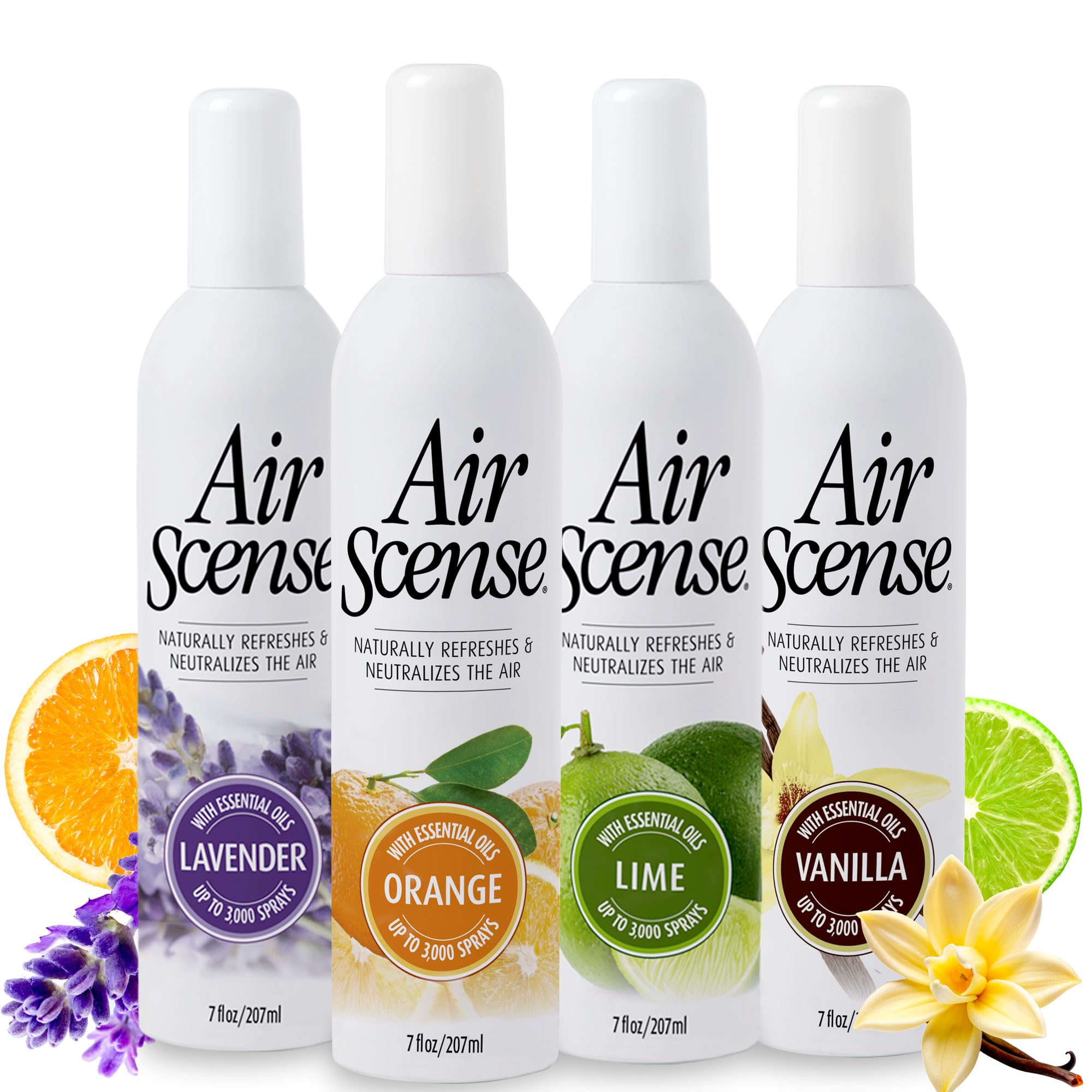 Air Scense Air Freshener Deodorizer Room Spray for Bathroom & Home, Essential Oils, Natural Variety (Orange, Lavender, Lime & Vanilla)- 7 fl oz (4-Pack)