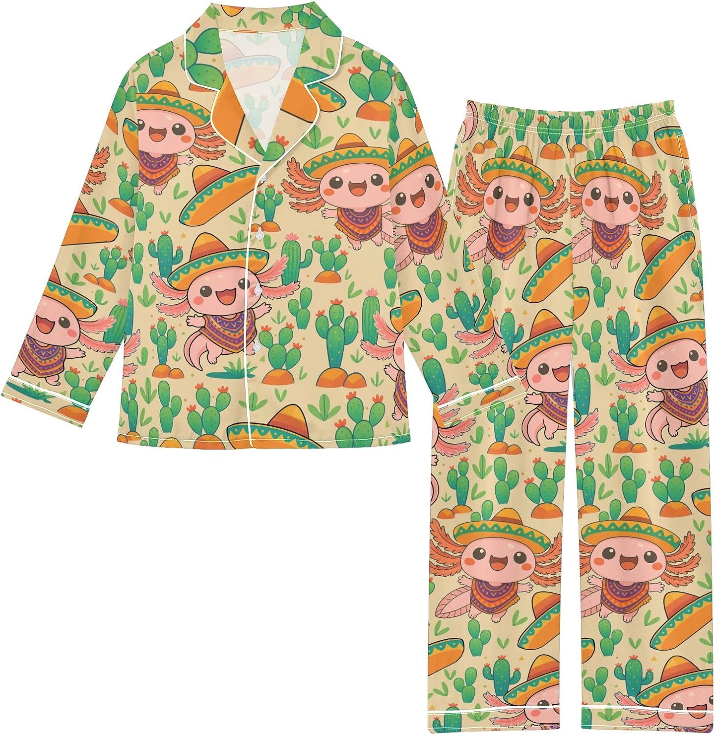 Kids Casual Satin Wear Set Salamander Cactus Pattern Unisex Relaxed Fit Clothing