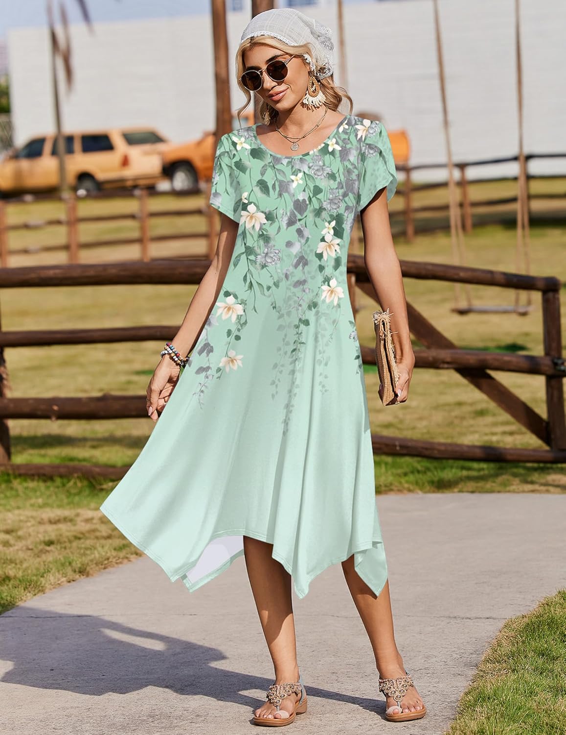 Zeagoo Womens Casual Dress for Summer Short Sleeve Loose Flowy Beach Dress with Pockets Hankerchief Flare Midi Sundress 2026 - Image 3