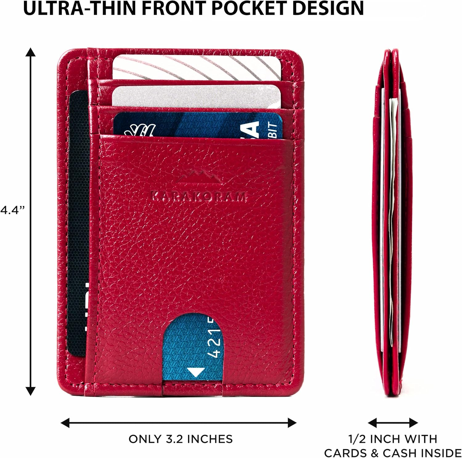 KARAKORAM LEATHER Handcrafted Front Pocket Credit Card Holder with RIFD Blocking | Premium Cowhide | Artisan Made Slim Leather Wallet | Quick Access Thumb Push Slots for Cards+ID (Summit Sunset Red) - Image 5