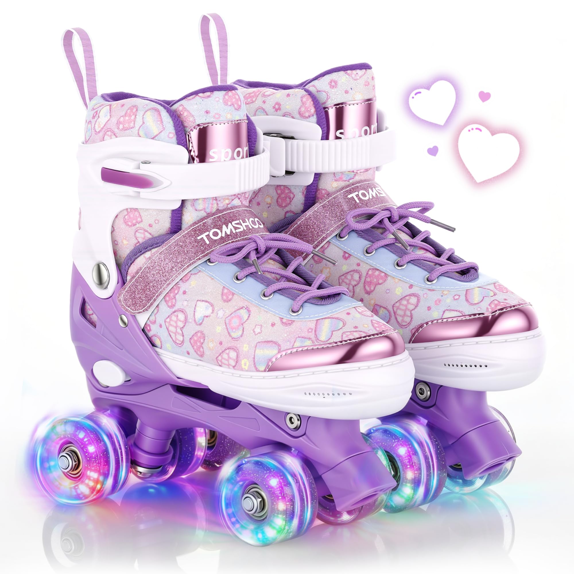 TOMSHOO Roller Skates for Girls Kids Roller Skates 4 Sizes Adjustable With 8 Light Up Wheels Children's Quad Skates for Birthday Gifts (Heart Purple, Large(UK 3.5-4.5))