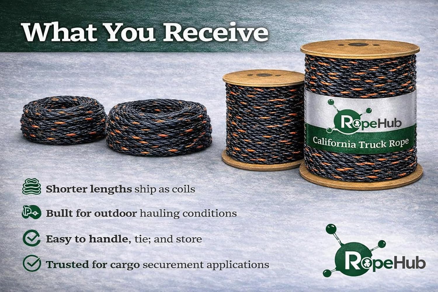 RopeHub California Truck Rope-Twisted 3-Strand Polypropylene Rope for Cargo Securement, Tie-Downs, Truck & Trailer Use-Black with Orange Tracer- 3/8" to 3/4", 10 ft to 600 ft